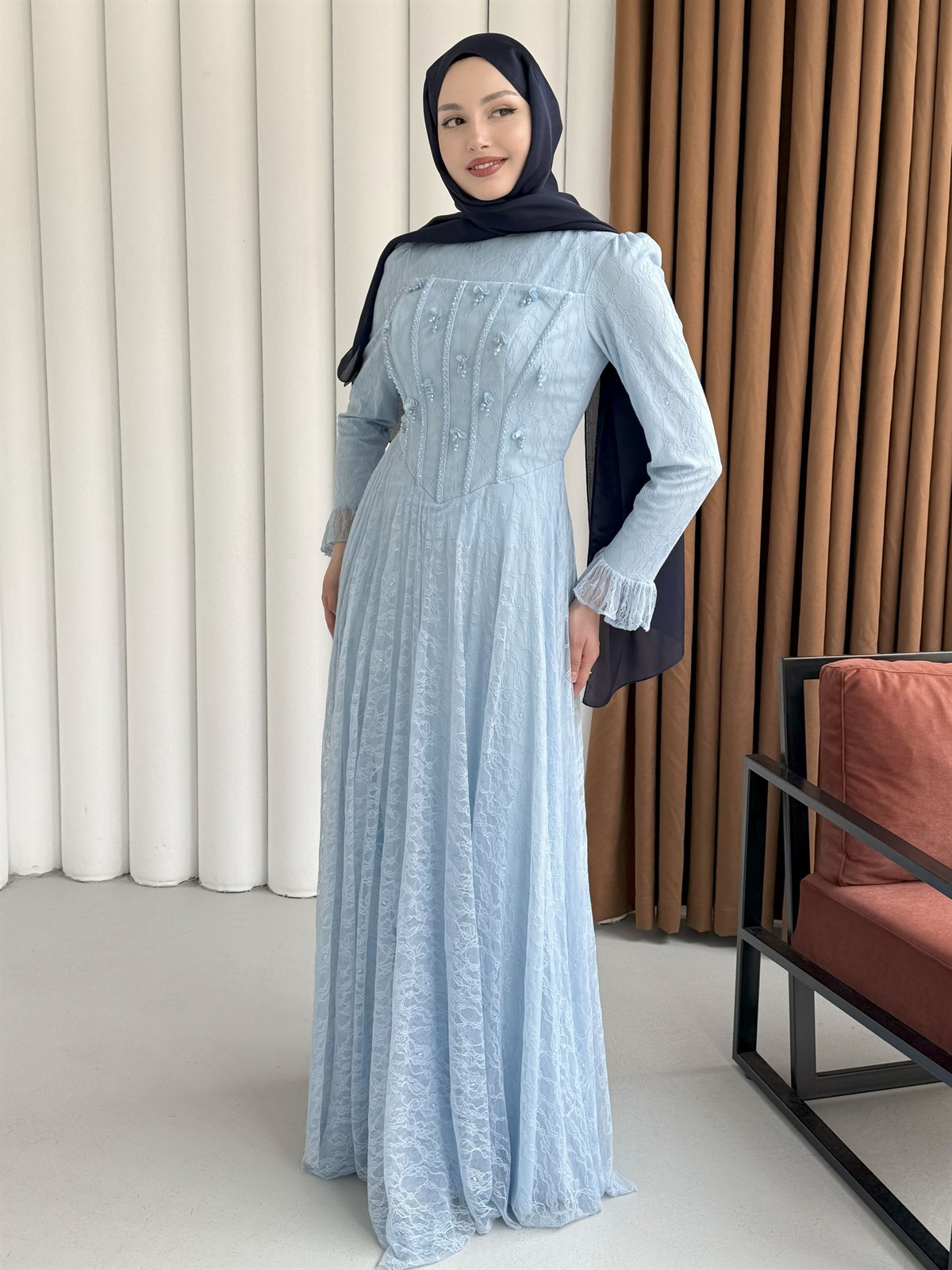 Mirella Dantel & Boncuk İşlemeli Korse Detaylı Tesettür Abiye-MAVİ
