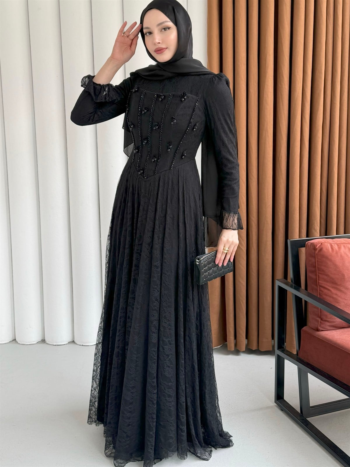 Mirella Dantel & Boncuk İşlemeli Korse Detaylı Tesettür Abiye-SİYAH