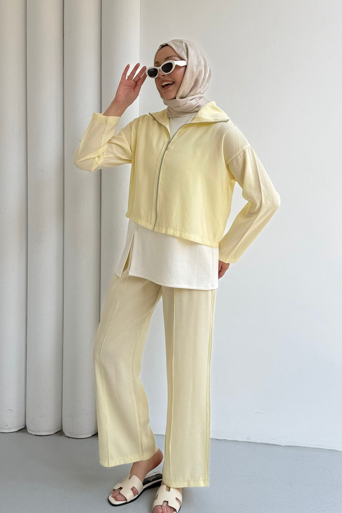 Modal Kumaş 3lü Pantolonlu Tesettür Takım-SARI