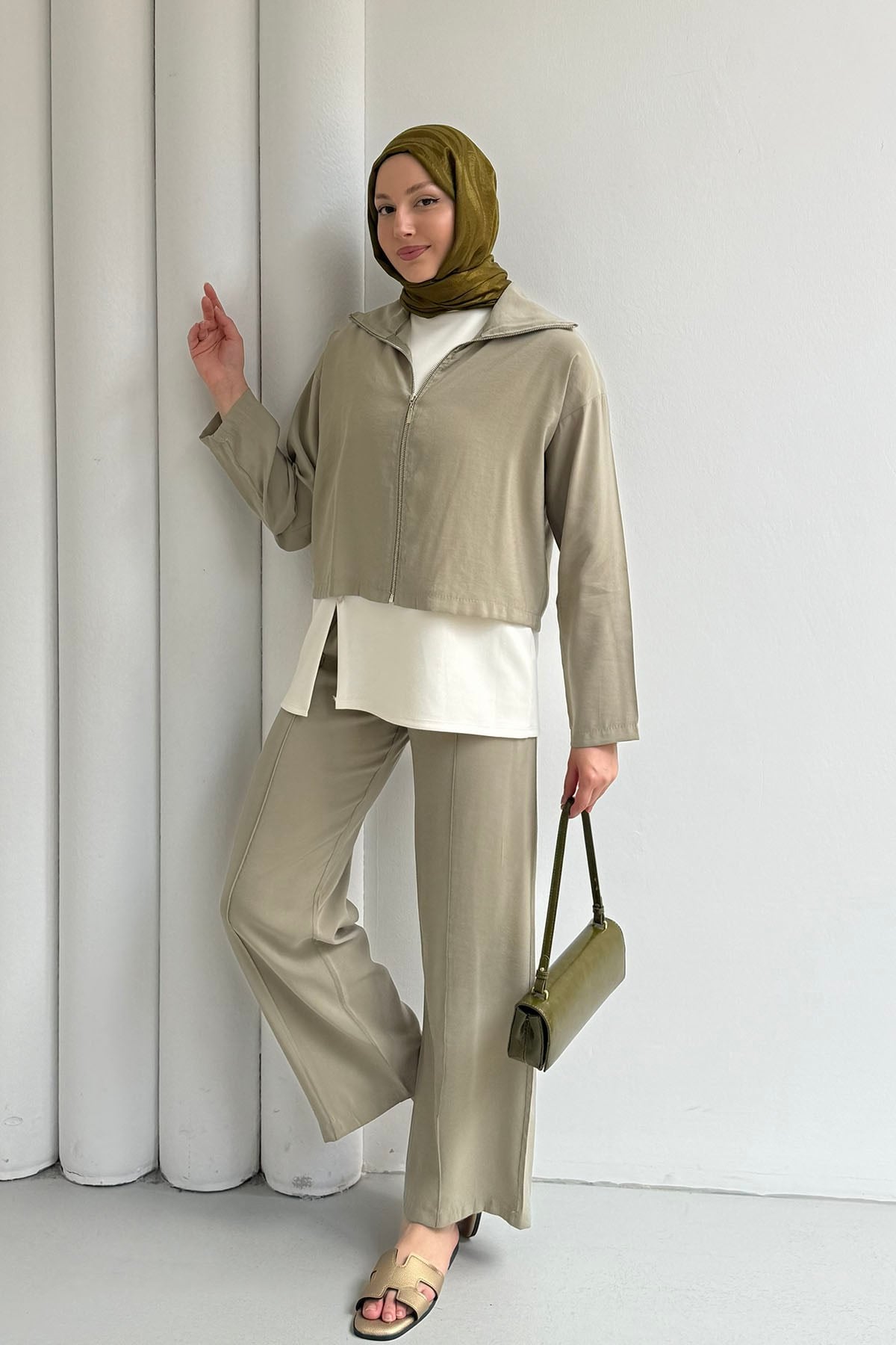 Modal Kumaş 3lü Pantolonlu Tesettür Takım-MİNT YEŞİLİ