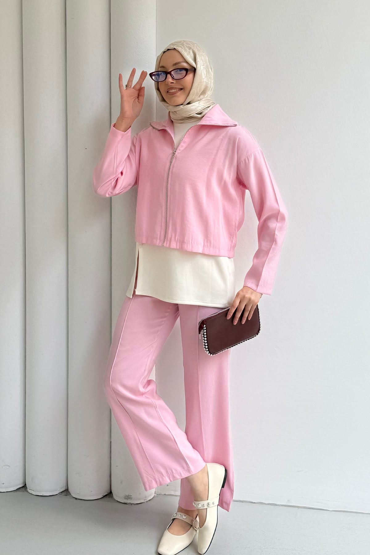 Modal Kumaş 3lü Pantolonlu Tesettür Takım-PEMBE
