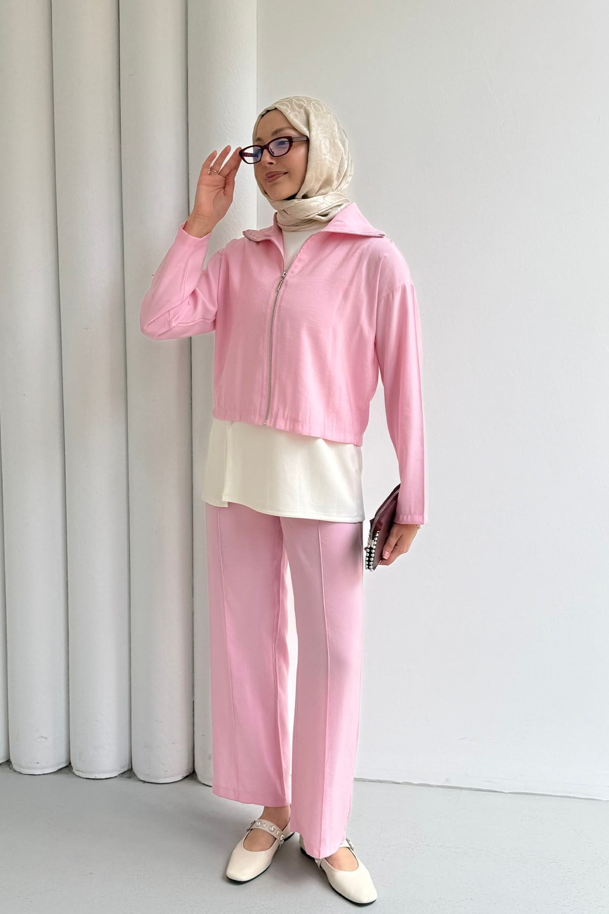 Modal Kumaş 3lü Pantolonlu Tesettür Takım-PEMBE