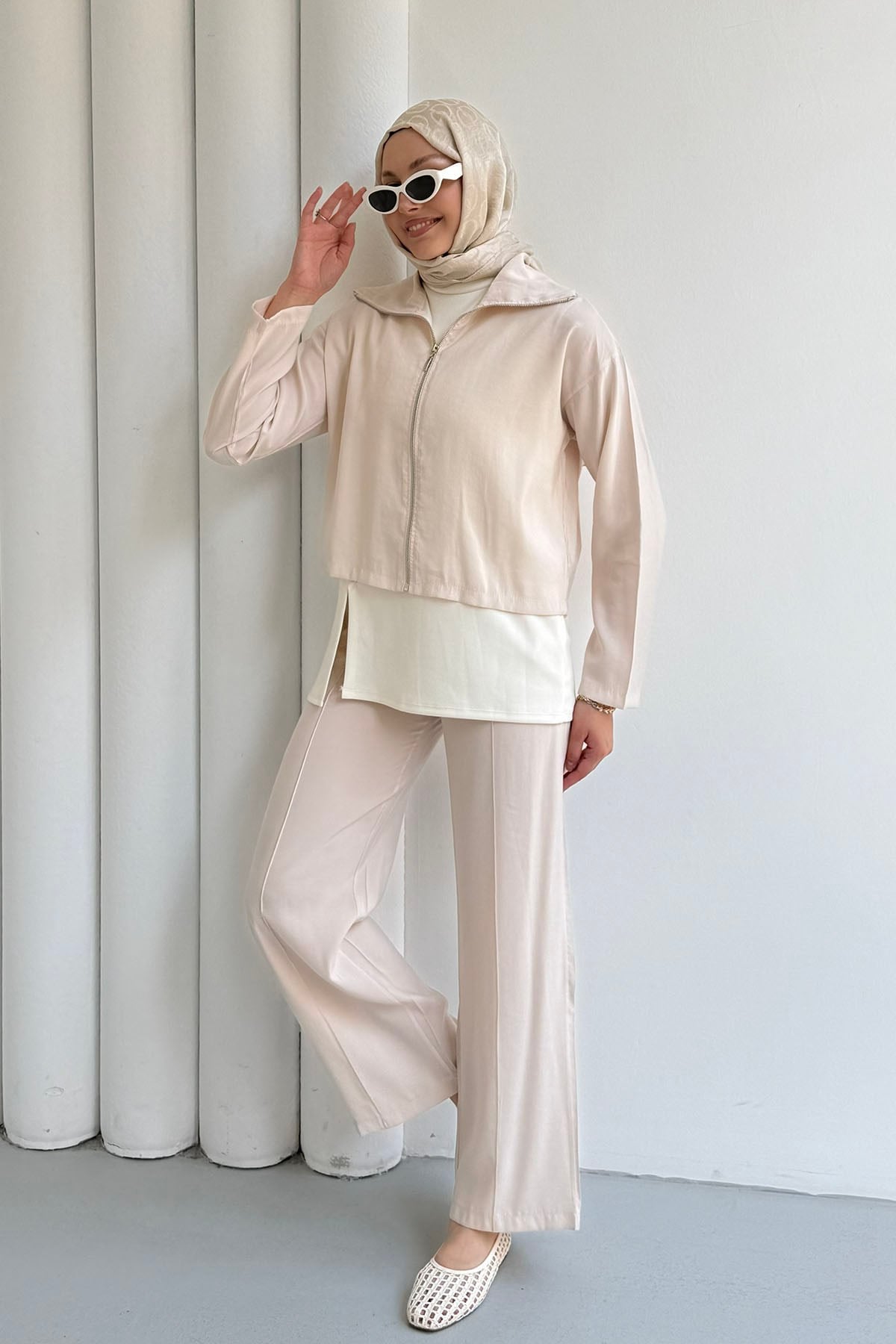 Modal Kumaş 3lü Pantolonlu Tesettür Takım-BEJ