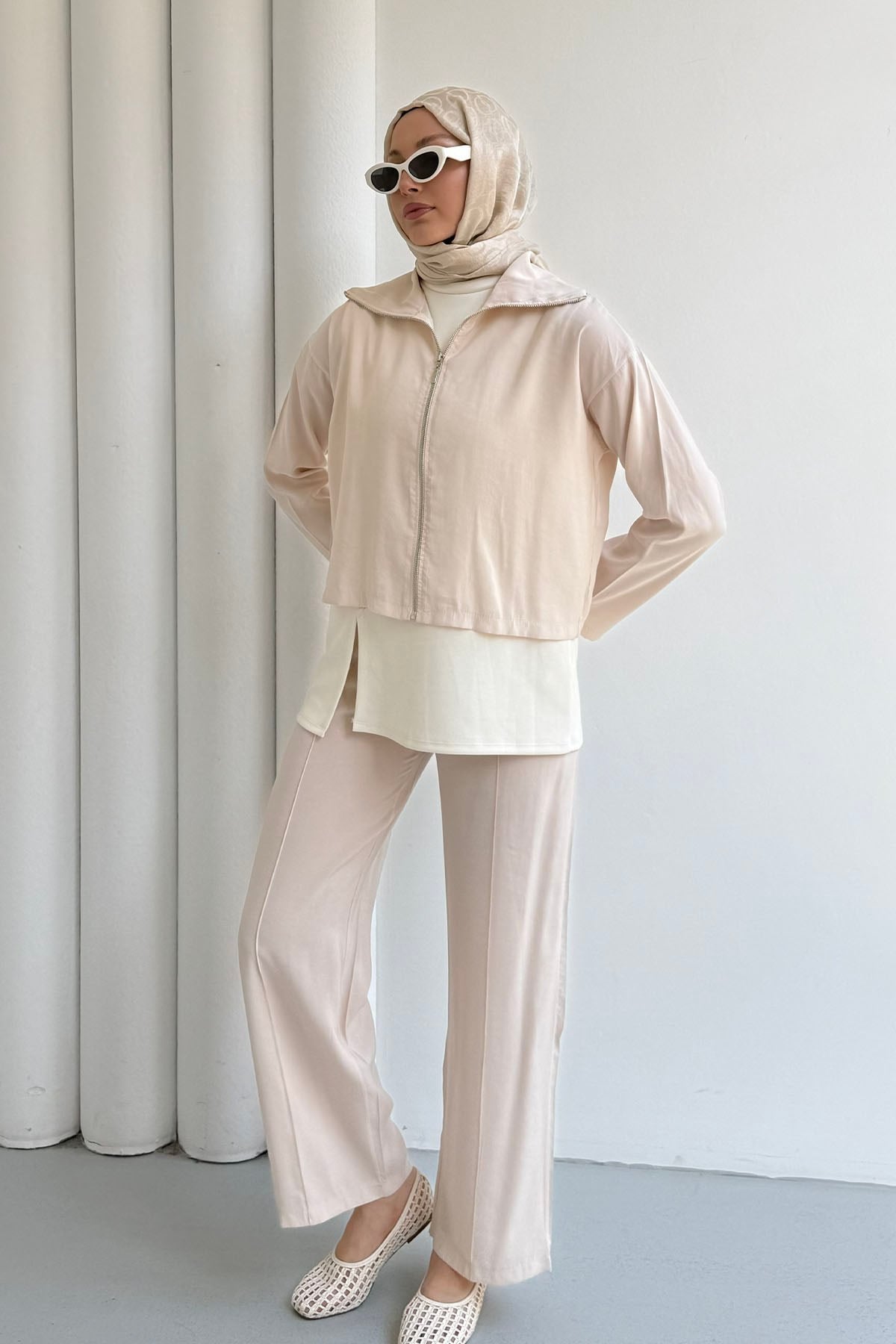 Modal Kumaş 3lü Pantolonlu Tesettür Takım-BEJ