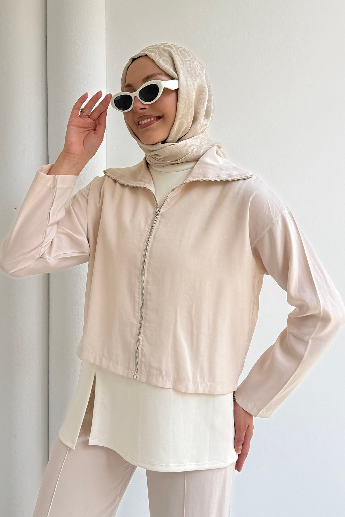 Modal Kumaş 3lü Pantolonlu Tesettür Takım-BEJ