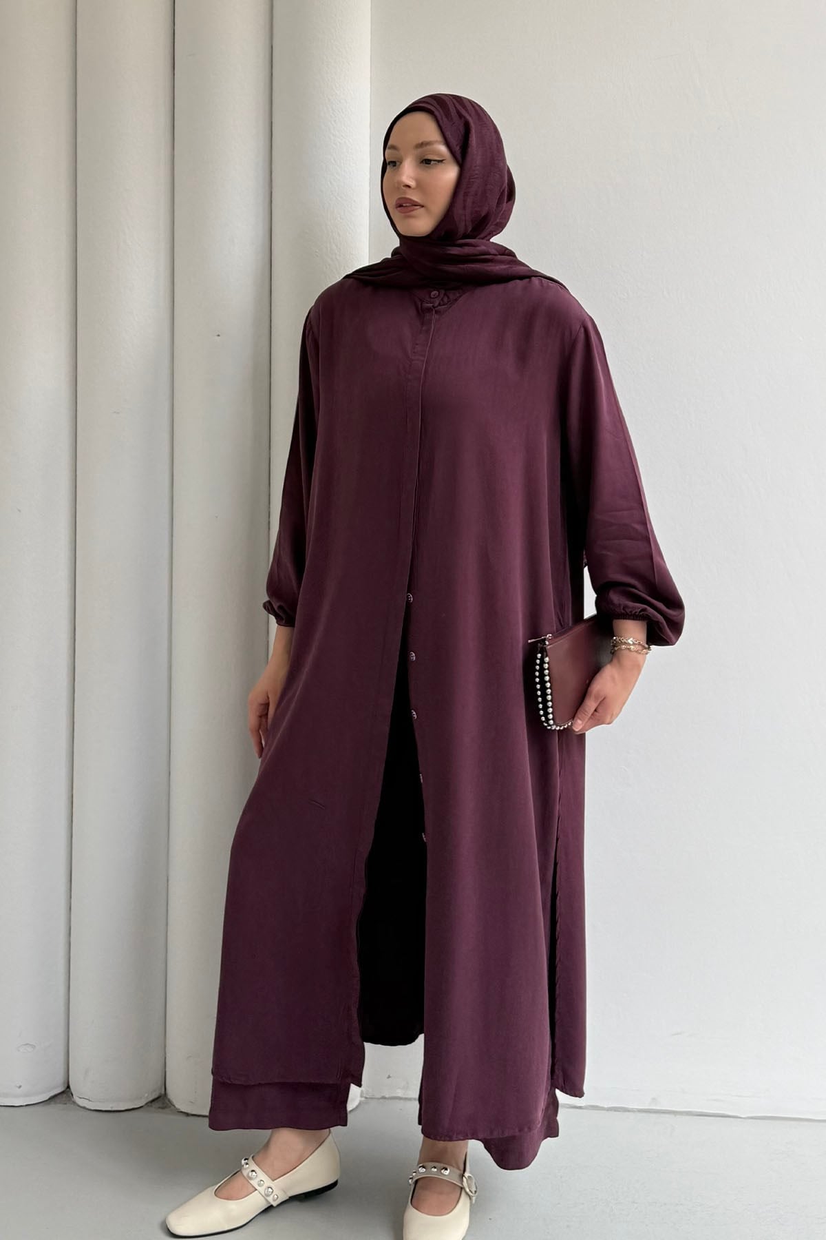 Modal Kumaş Dökümlü Yan Yırtmaçlı Tunik Pantolon Tesettür Takım-BORDO