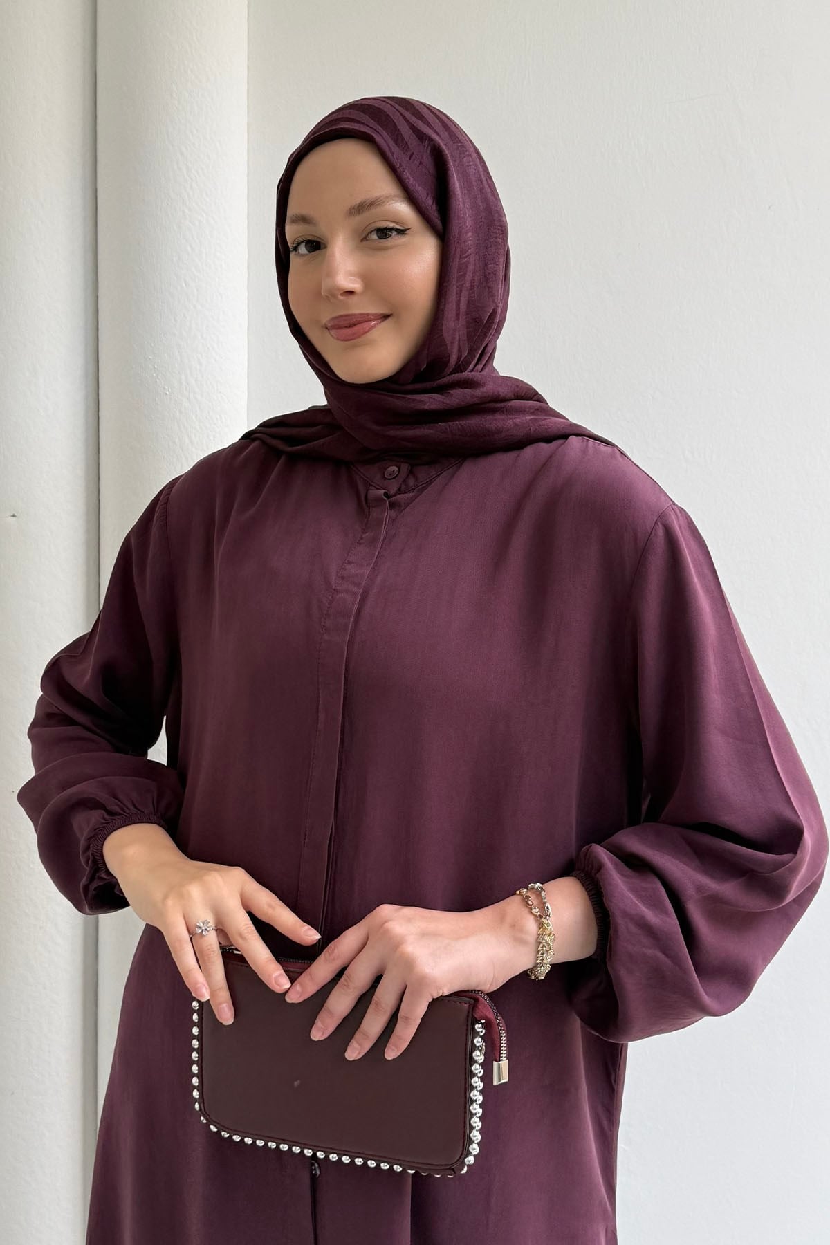 Modal Kumaş Dökümlü Yan Yırtmaçlı Tunik Pantolon Tesettür Takım-BORDO