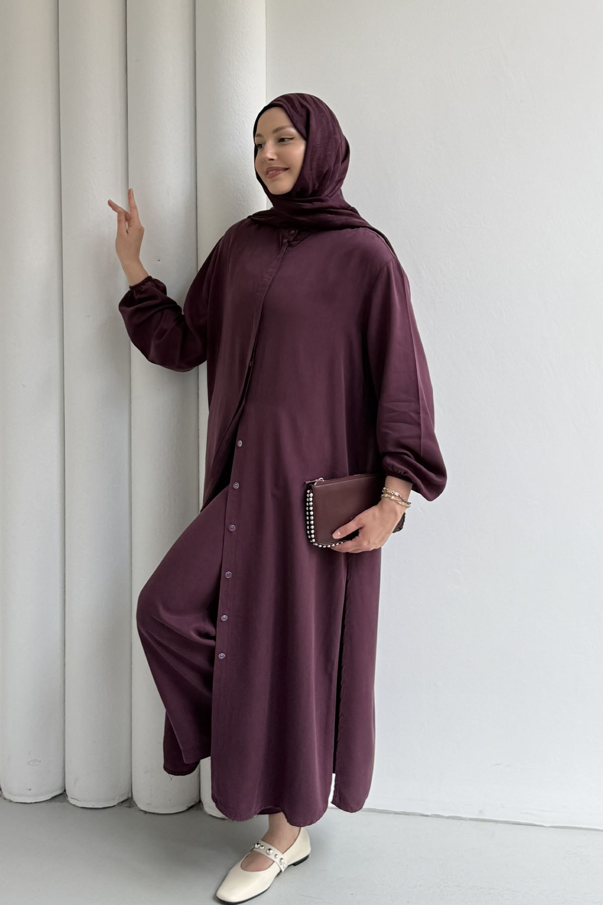 Modal Kumaş Dökümlü Yan Yırtmaçlı Tunik Pantolon Tesettür Takım-BORDO