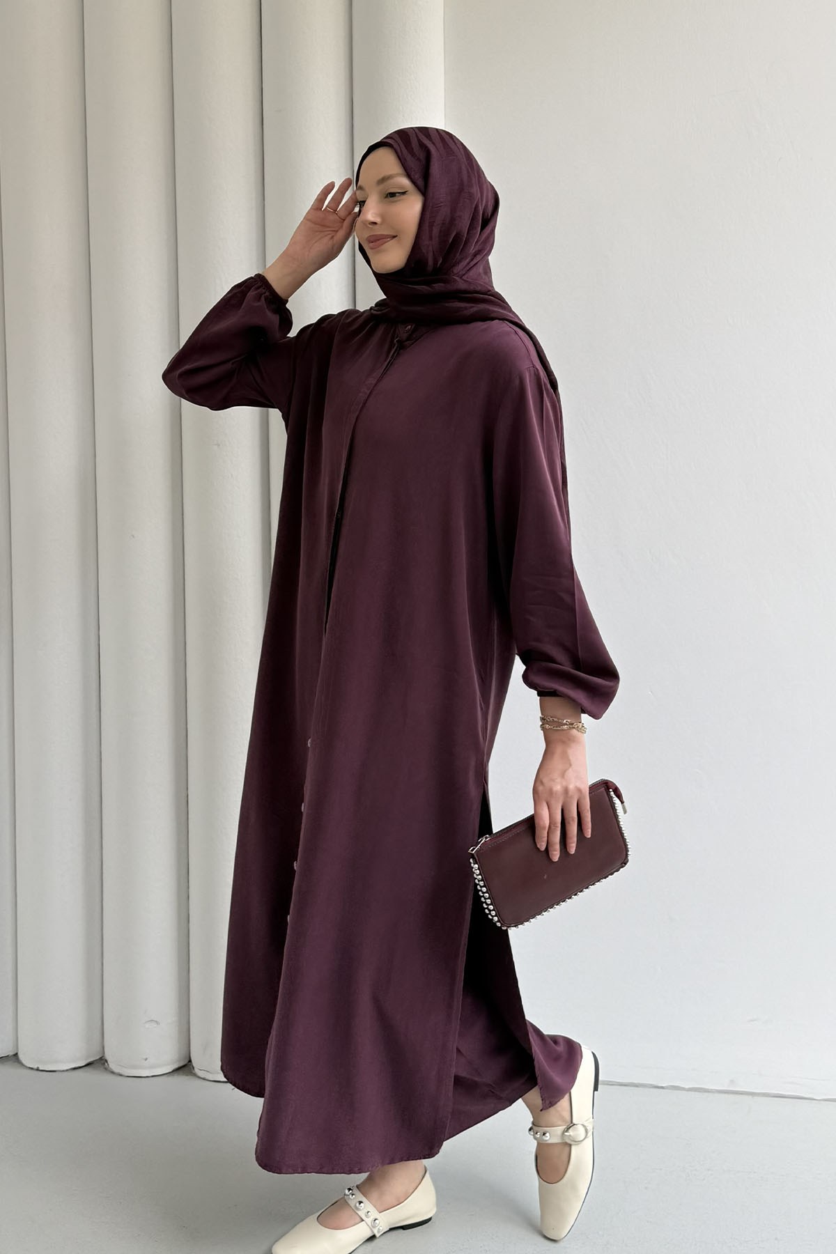 Modal Kumaş Dökümlü Yan Yırtmaçlı Tunik Pantolon Tesettür Takım-BORDO