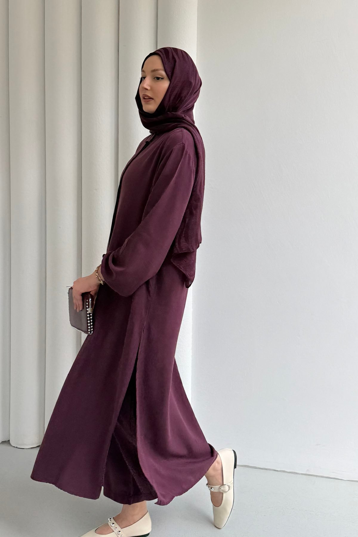 Modal Kumaş Dökümlü Yan Yırtmaçlı Tunik Pantolon Tesettür Takım-BORDO