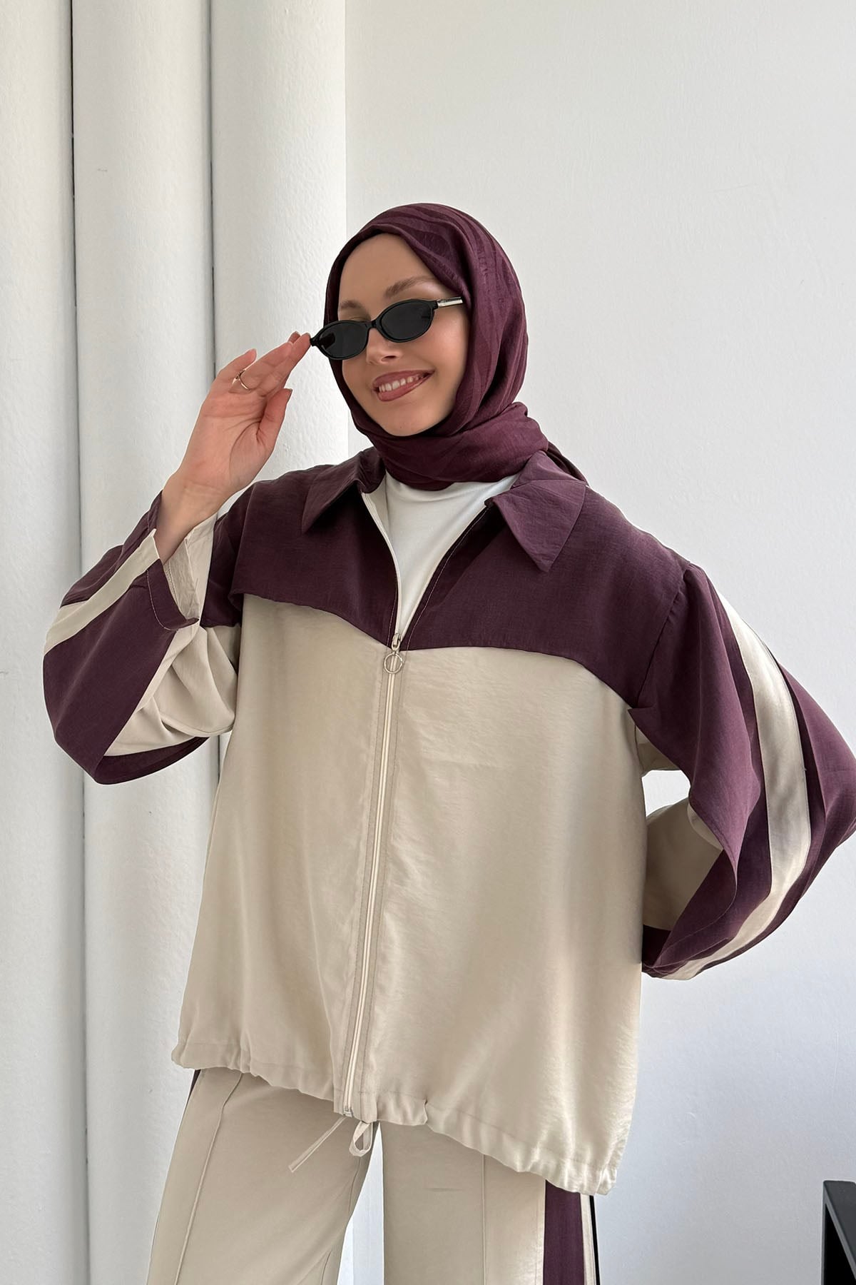 Modal Kumaş Fermuar Garnili Pantolonlu Tesettür Takım-BORDO