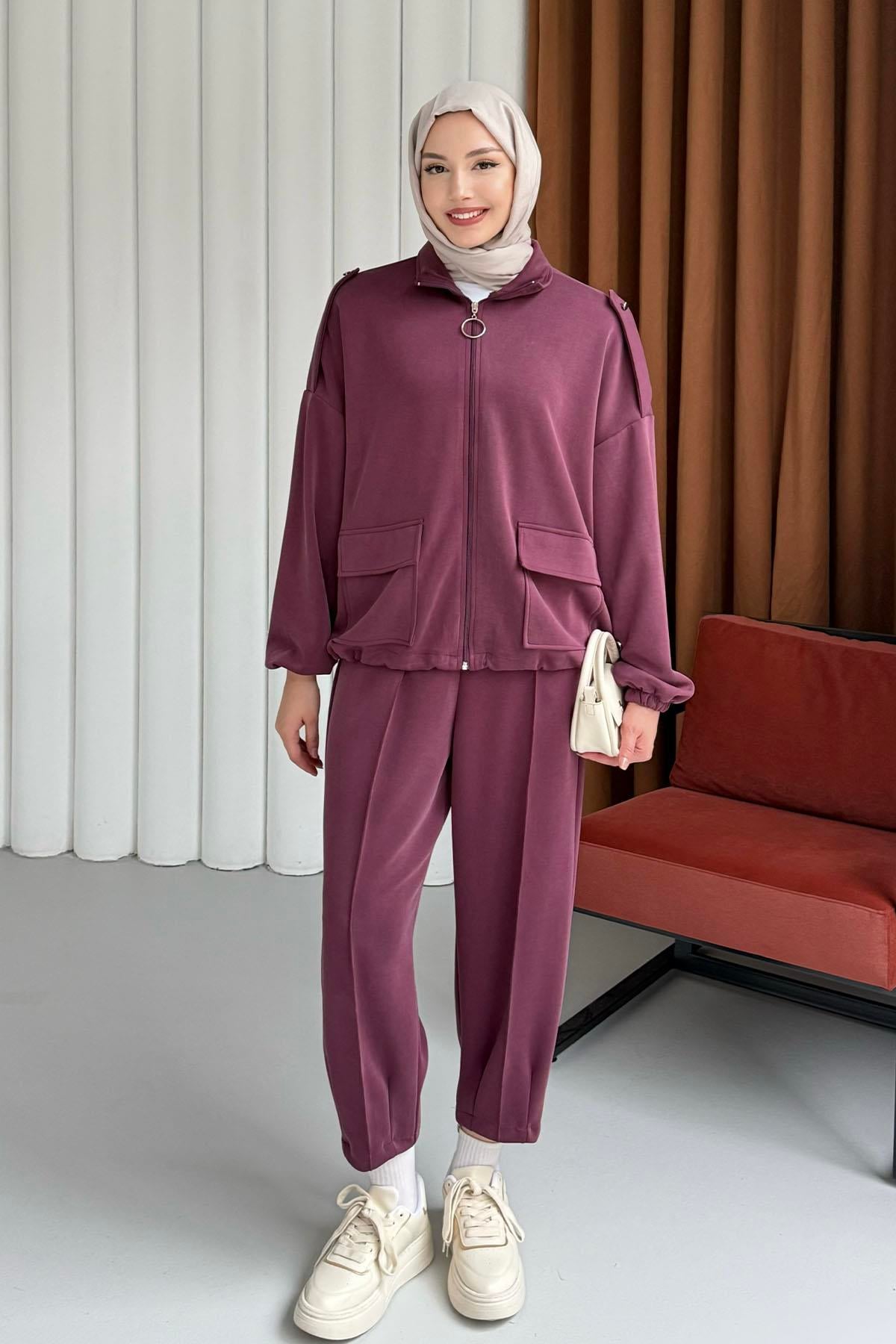 Modal Kumaş Önden Fermuarlı Ceket-BORDO