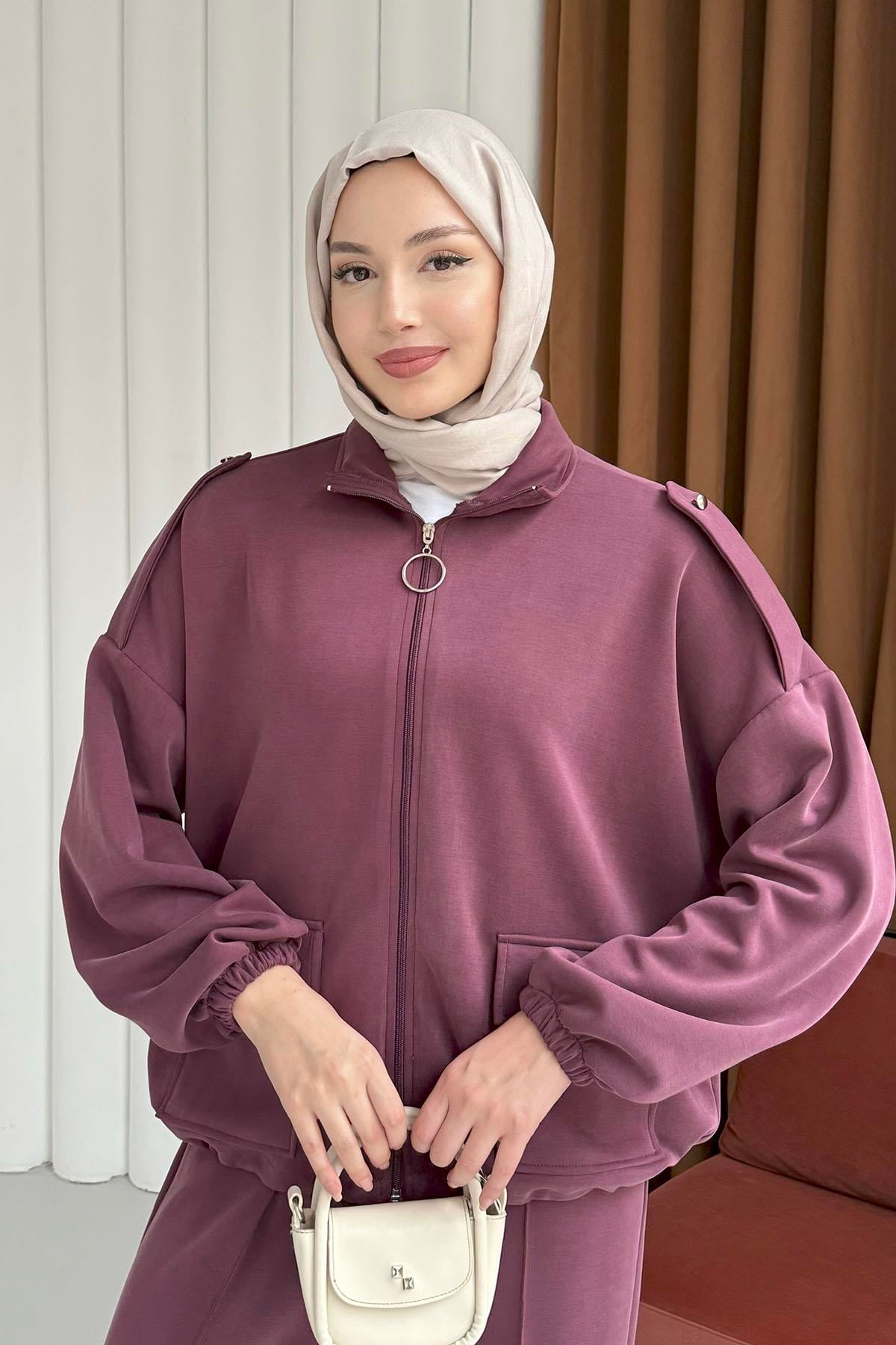 Modal Kumaş Önden Fermuarlı Ceket-BORDO