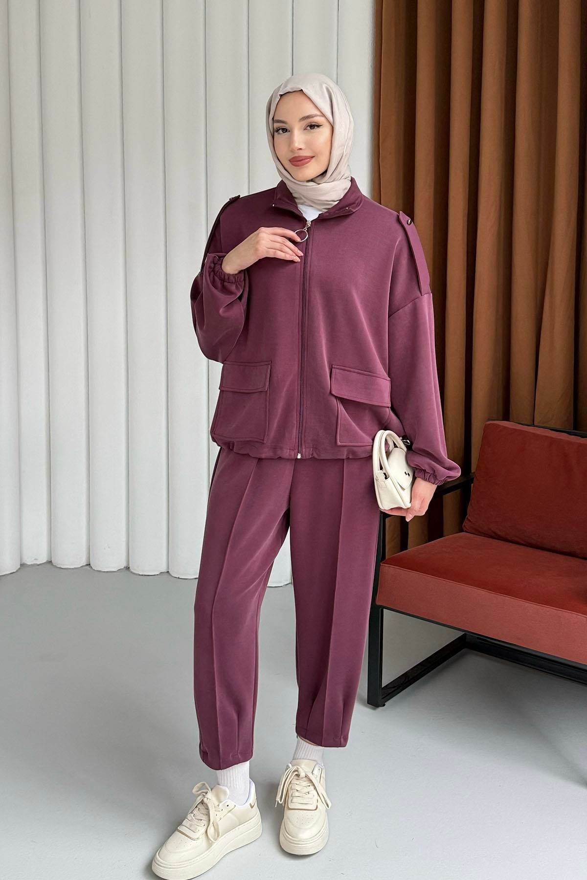 Modal Kumaş Önden Fermuarlı Ceket-BORDO