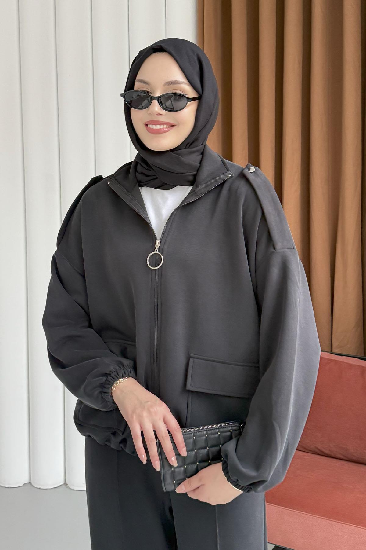 Modal Kumaş Önden Fermuarlı Ceket-SİYAH