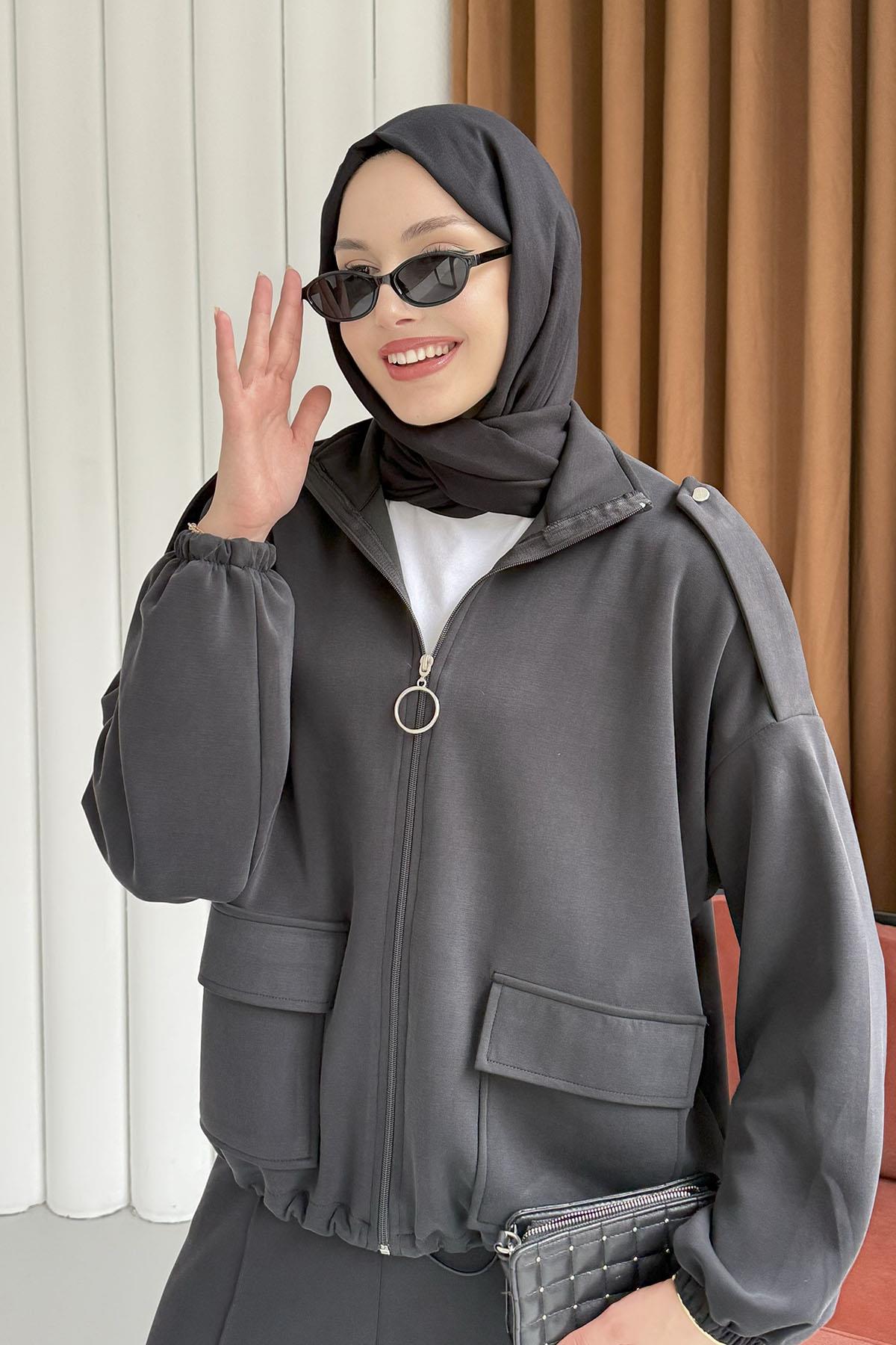 Modal Kumaş Önden Fermuarlı Ceket-SİYAH