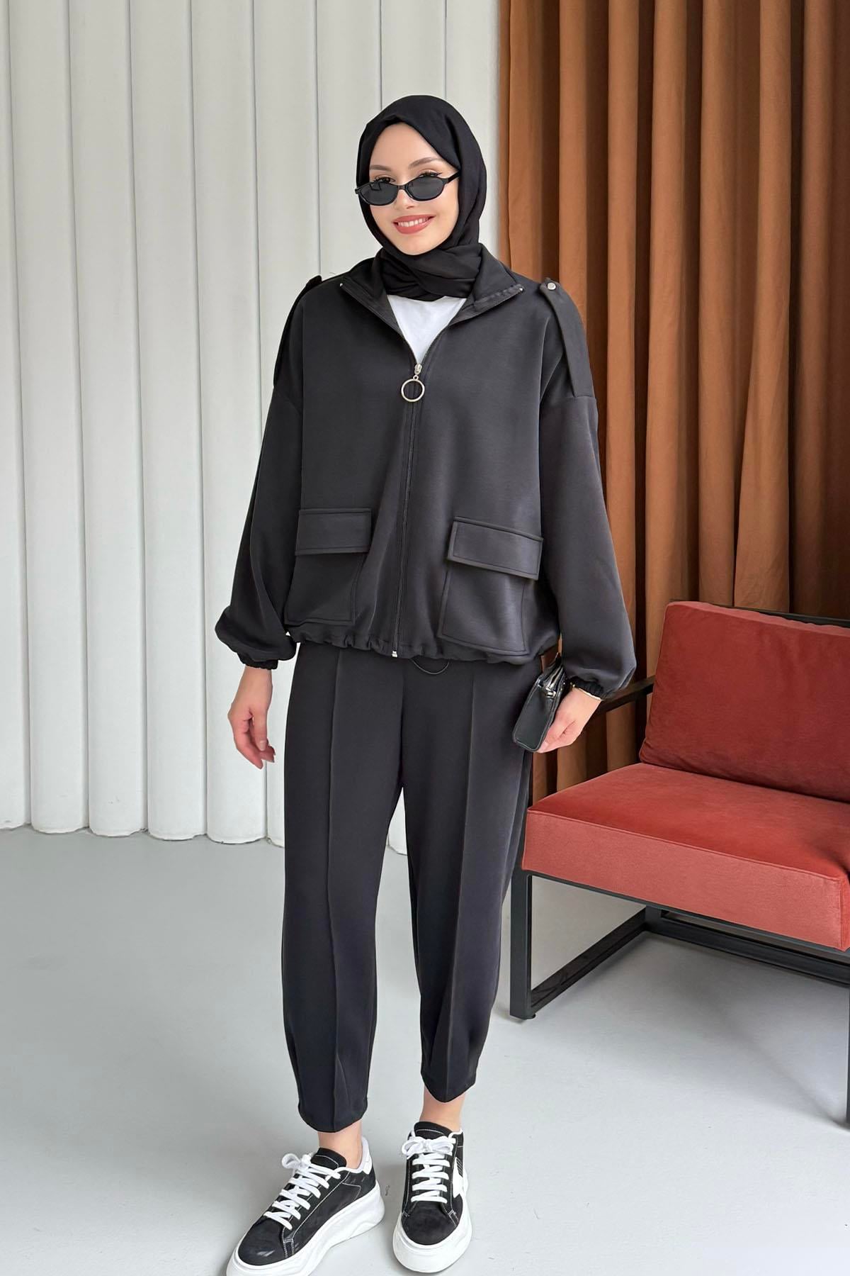 Modal Kumaş Önden Fermuarlı Ceket-SİYAH