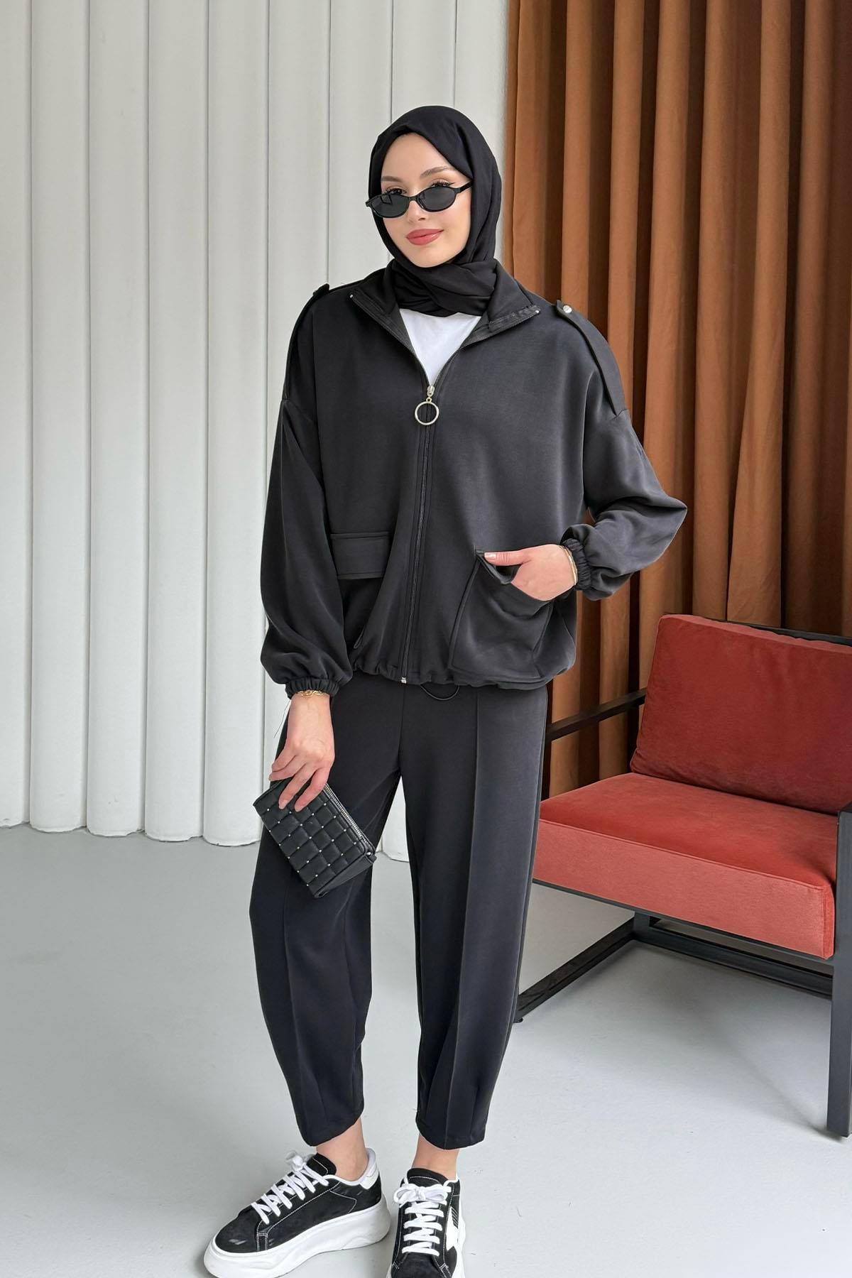 Modal Kumaş Önden Fermuarlı Ceket-SİYAH