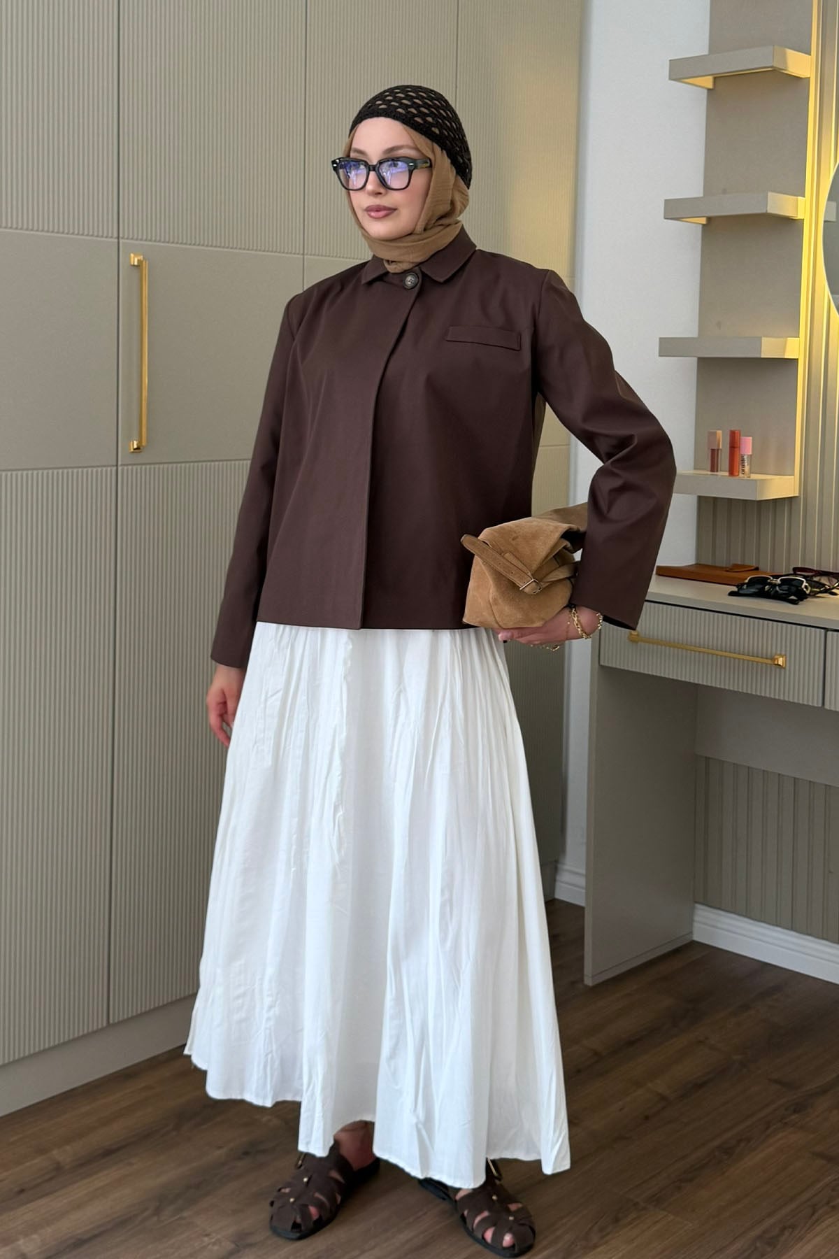 Modern Trenç Ceketli Etekli Tesettür Takım-KAHVERENGİ