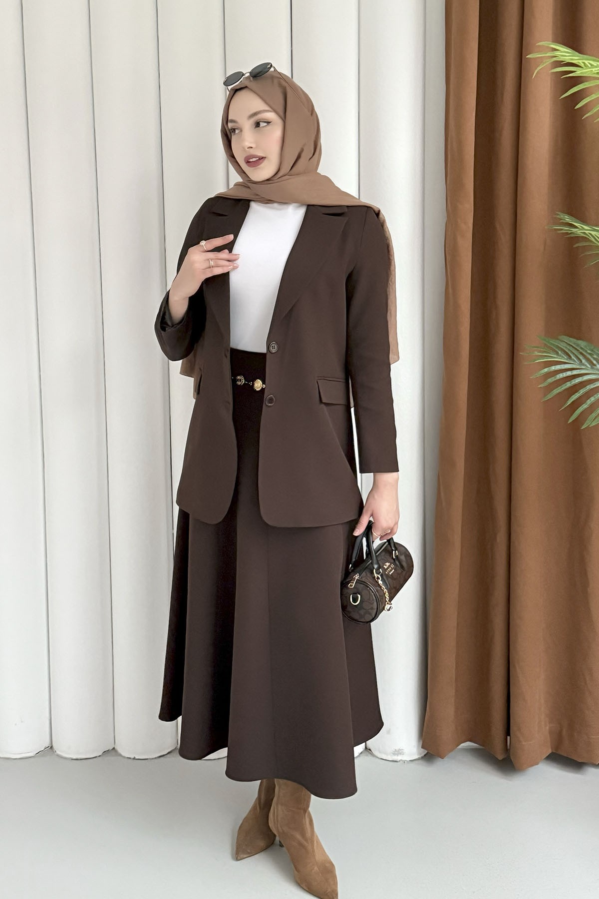 Mono Yaka 2 Düğme Cep Kapaklı Ceket-KAHVERENGİ