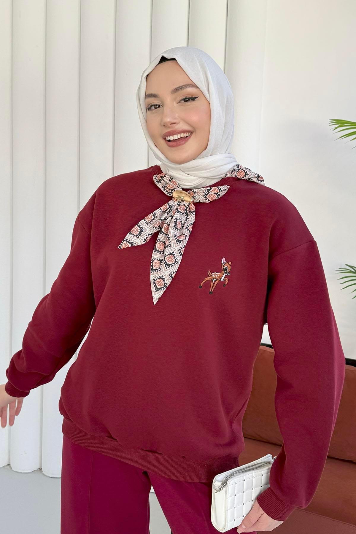 Nakışlı Fularlı Oversize Sweatshirt-BORDO