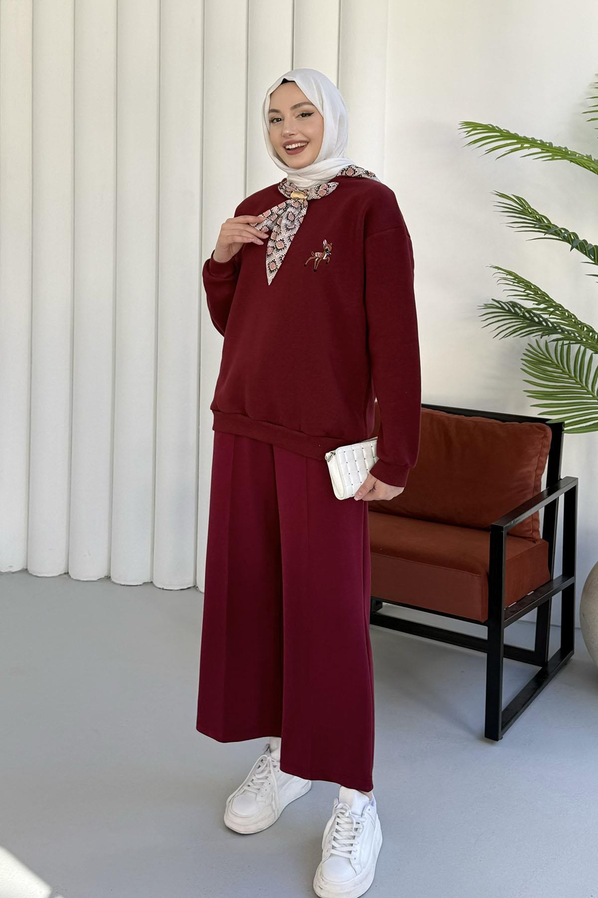 Nakışlı Fularlı Oversize Sweatshirt-BORDO