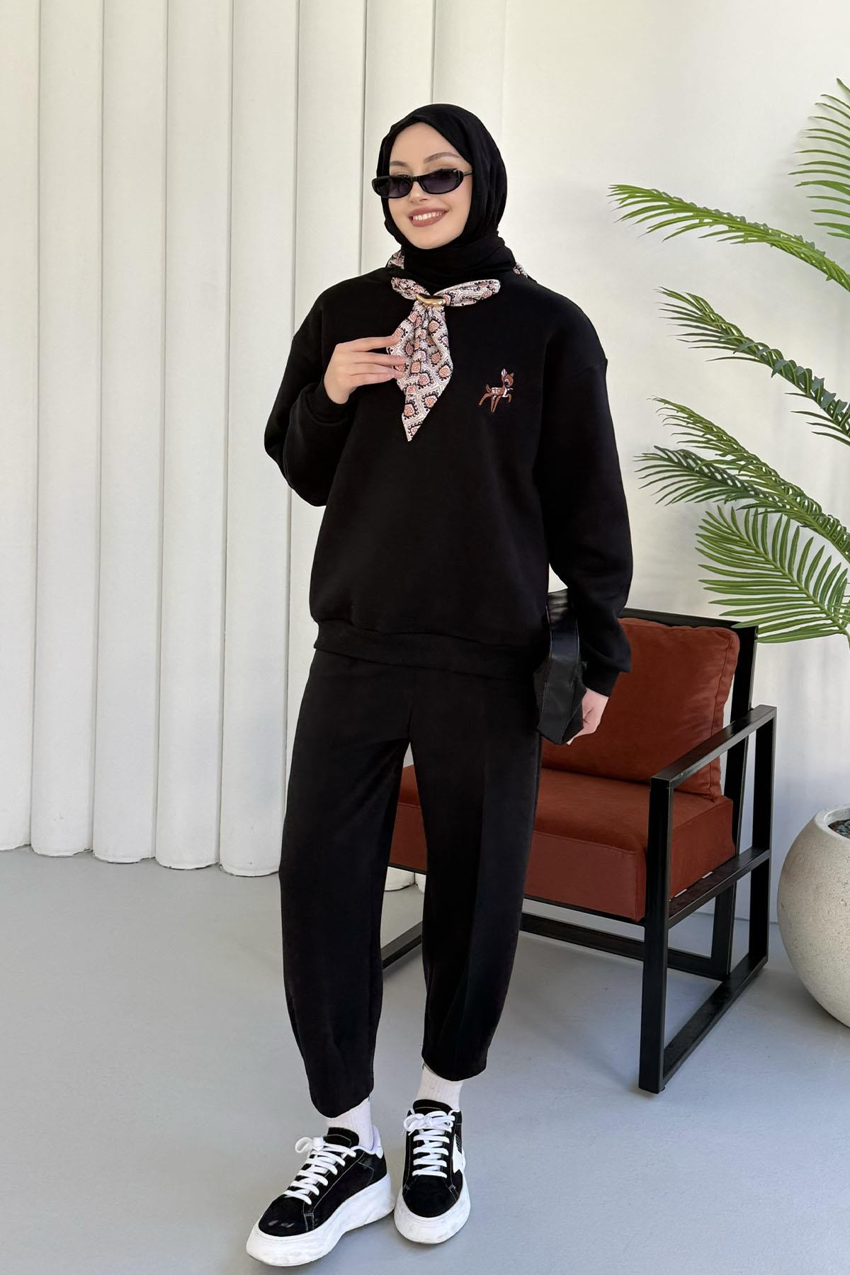 Nakışlı Fularlı Oversize Sweatshirt-SİYAH