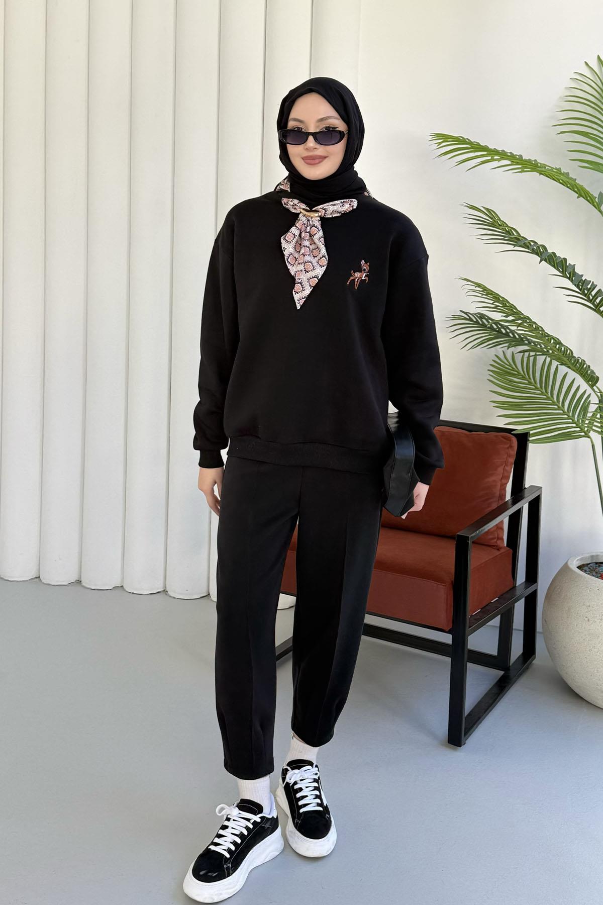 Nakışlı Fularlı Oversize Sweatshirt-SİYAH