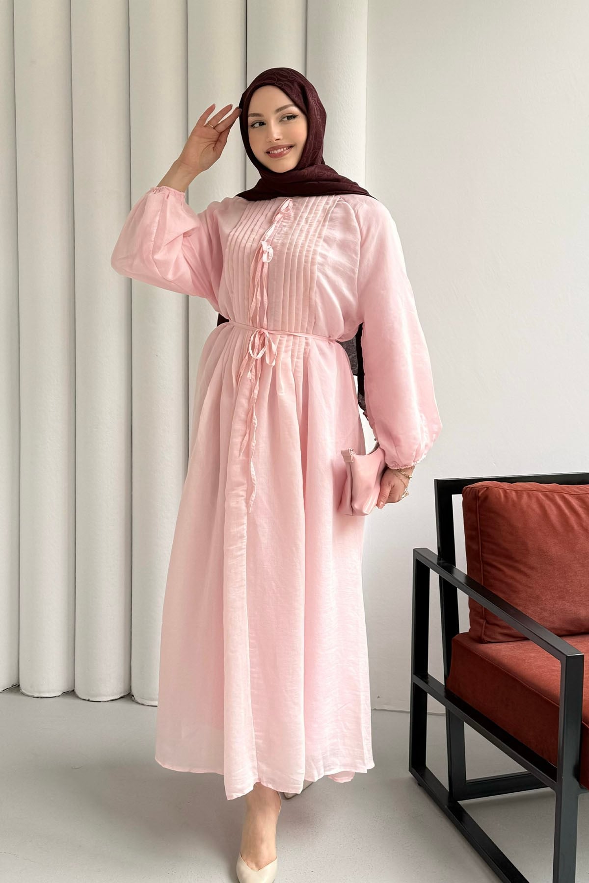 Nervür Dikişli Biye Kemerli Tesettür Elbise-PEMBE