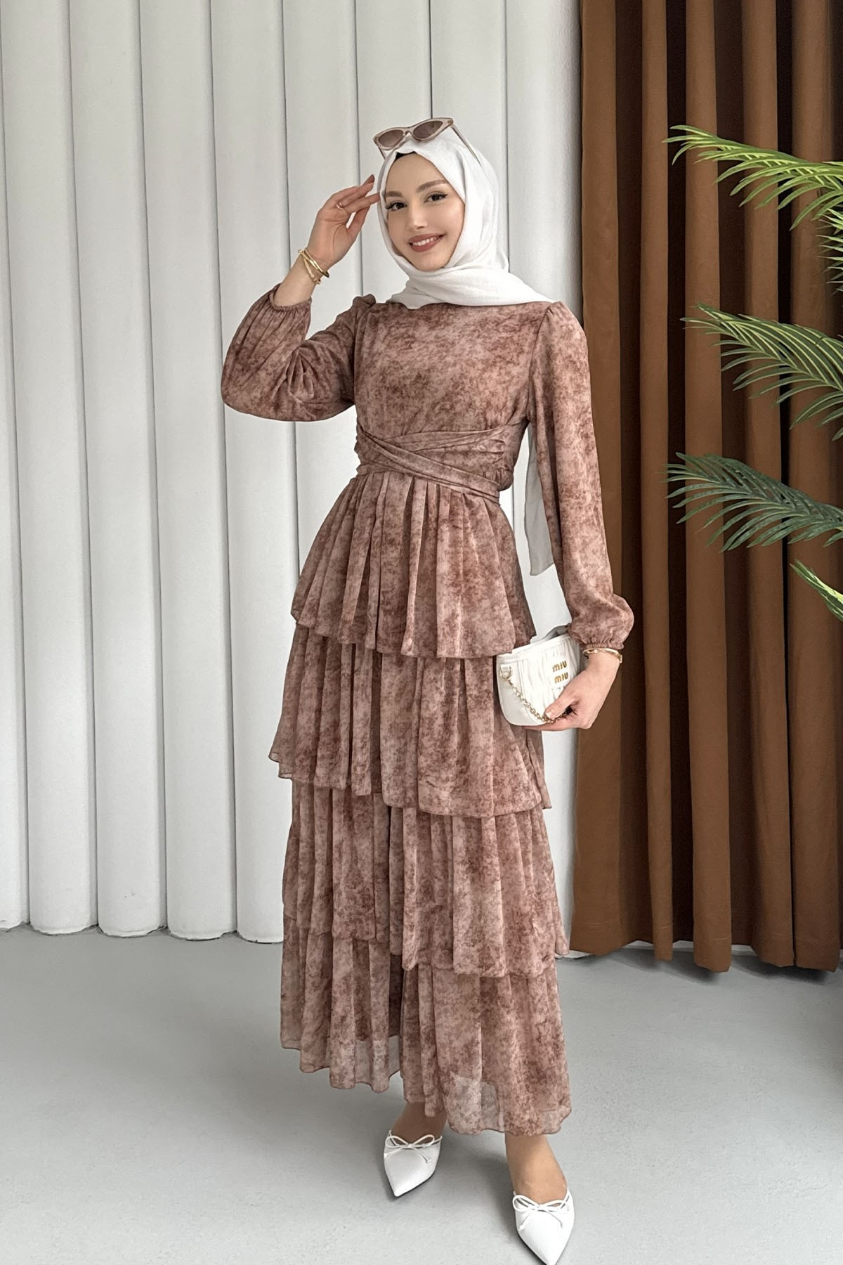 Neva Otantik Motifli Şifon Tesettür Elbise-TOPRAK