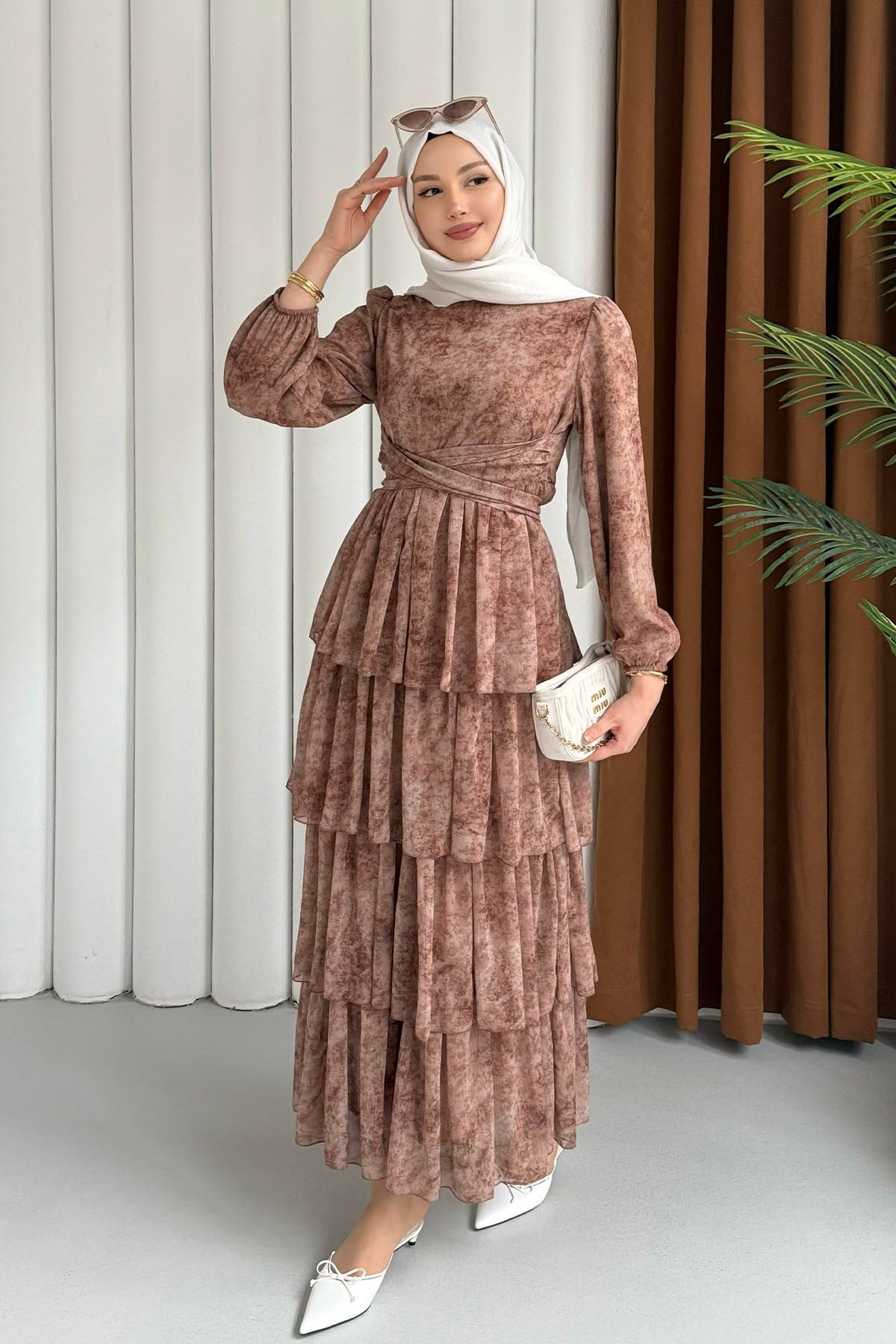 Neva Otantik Motifli Şifon Tesettür Elbise-TOPRAK