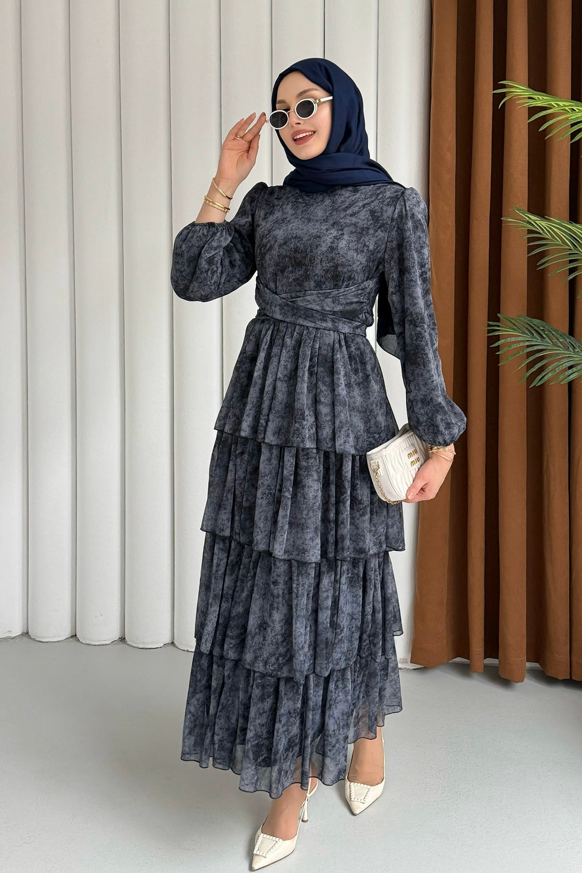 Neva Otantik Motifli Şifon Tesettür Elbise-SİYAH