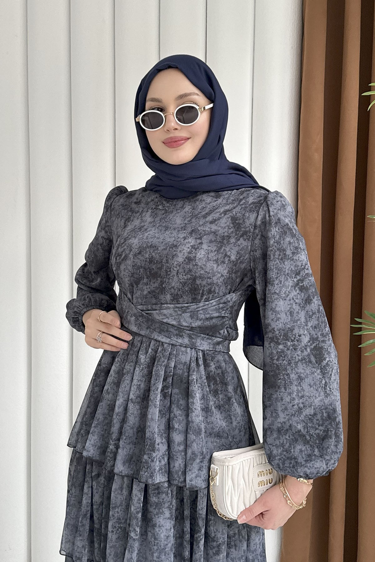 Neva Otantik Motifli Şifon Tesettür Elbise-SİYAH