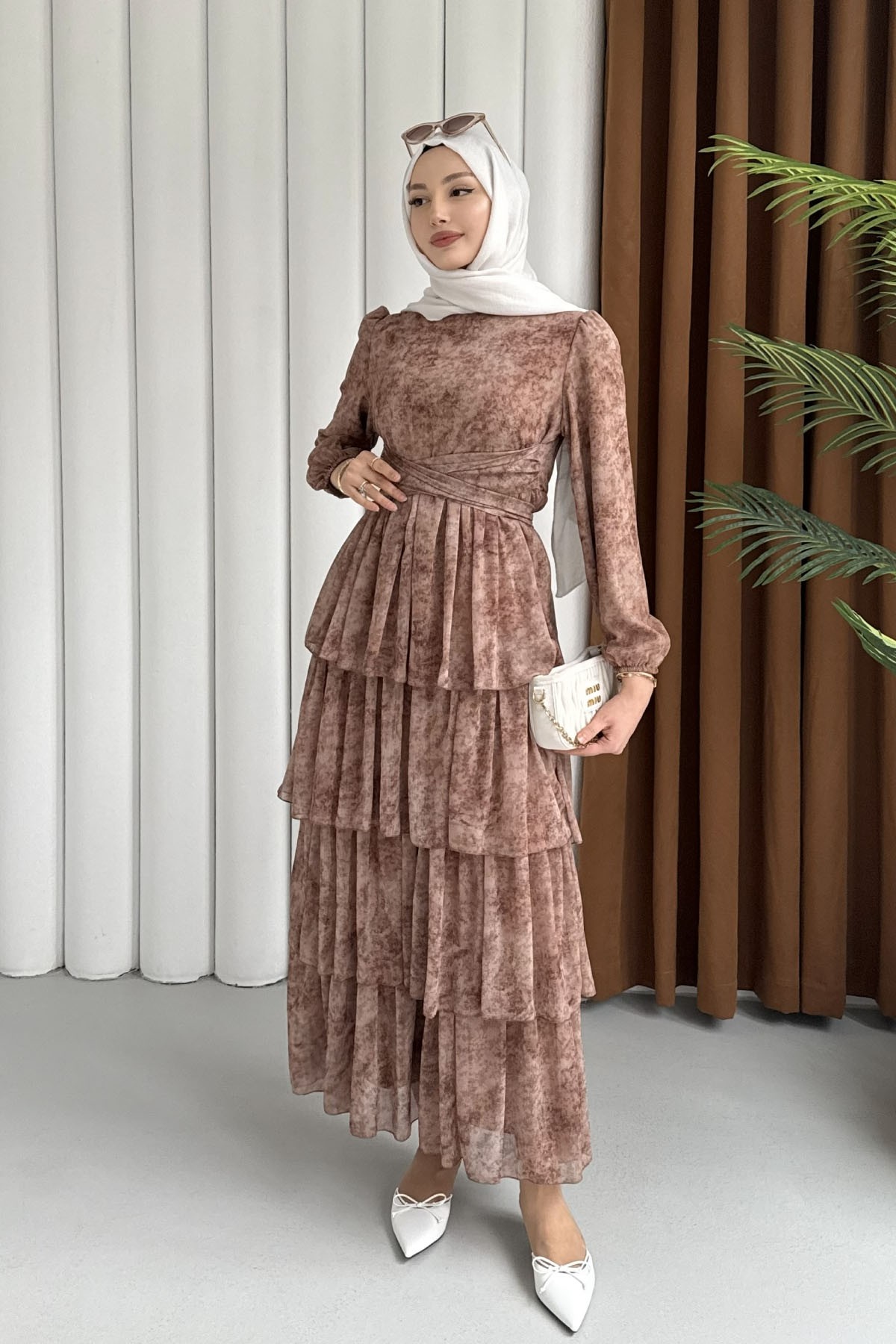 Neva Otantik Motifli Şifon Tesettür Elbise-TOPRAK