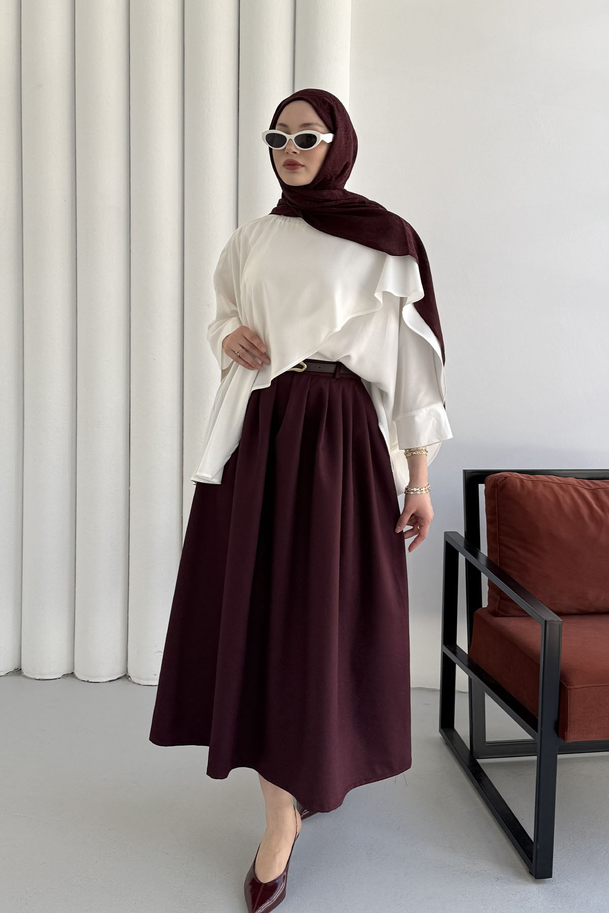 Omuz Düğmeli Şal Detaylı Asimetrik Tunik-EKRU