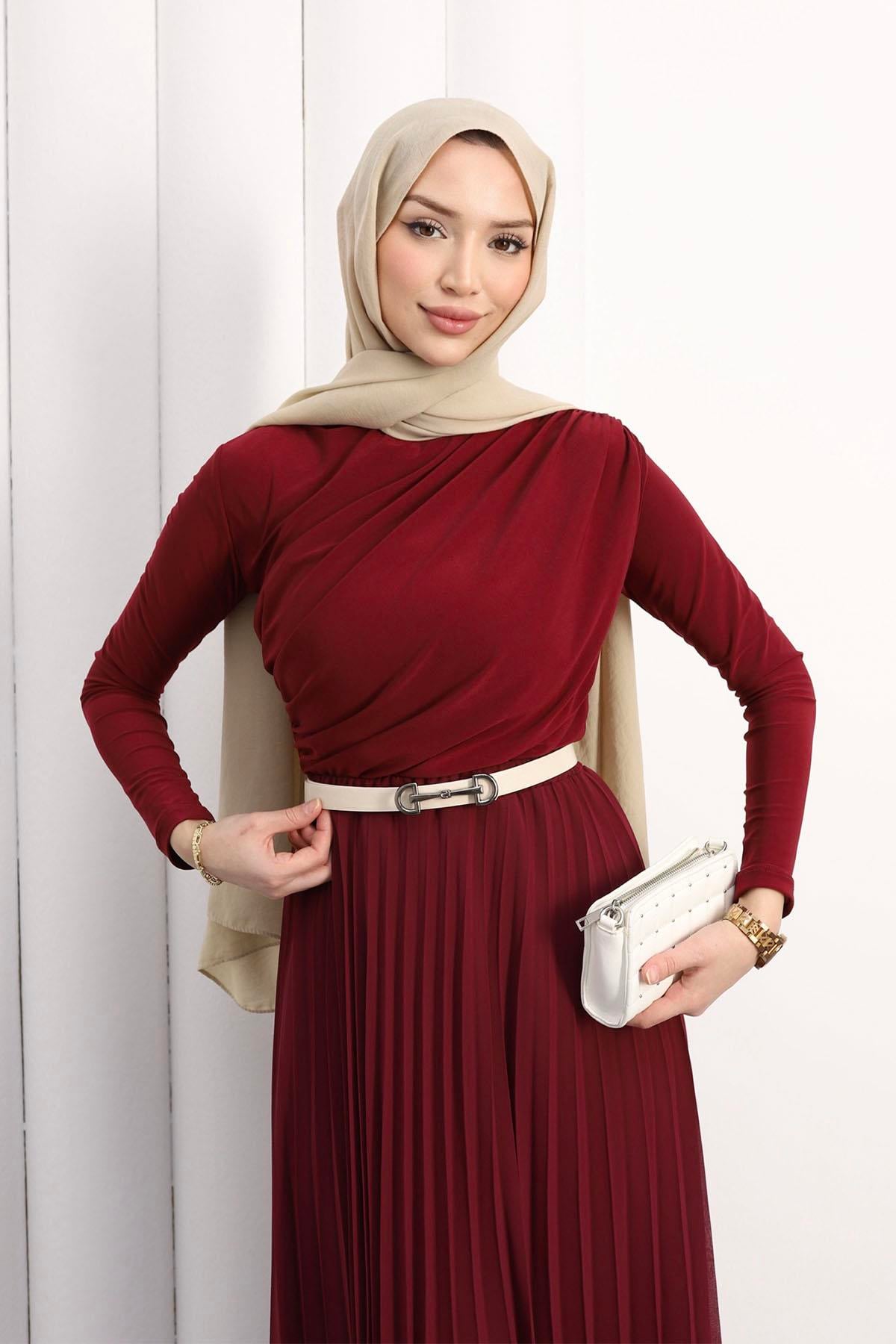 Omuz Pile Detay Sandy Bluz-BORDO