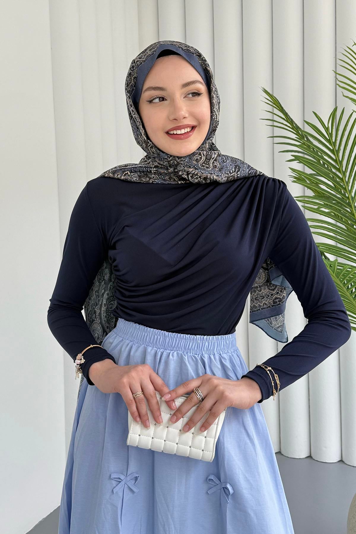 Omuz Pile Detay Sandy Bluz-LACİVERT