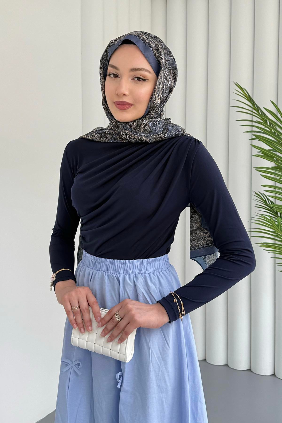 Omuz Pile Detay Sandy Bluz-LACİVERT