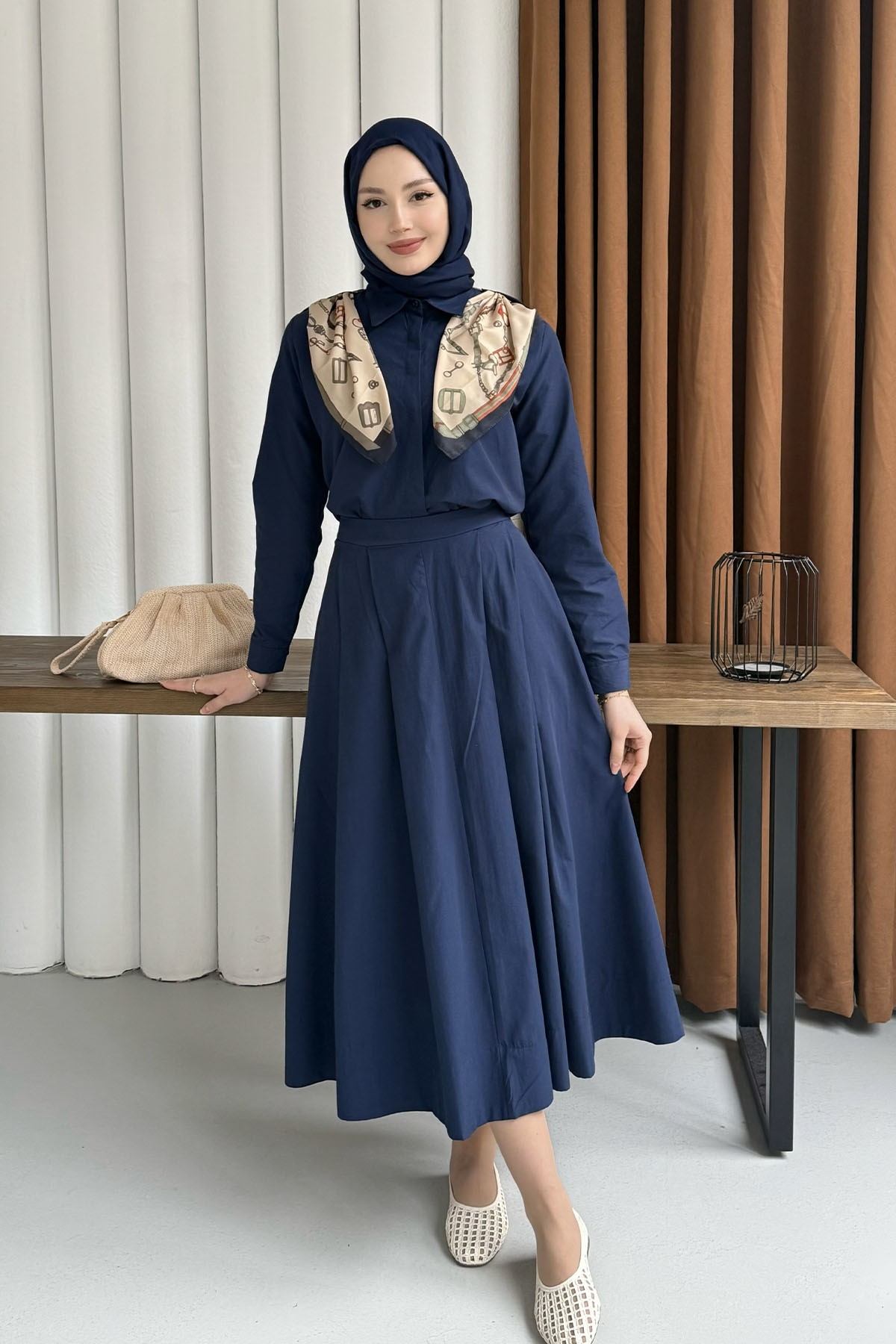 Omuz Şal Detaylı Etekli Tesettür Takım-LACİVERT