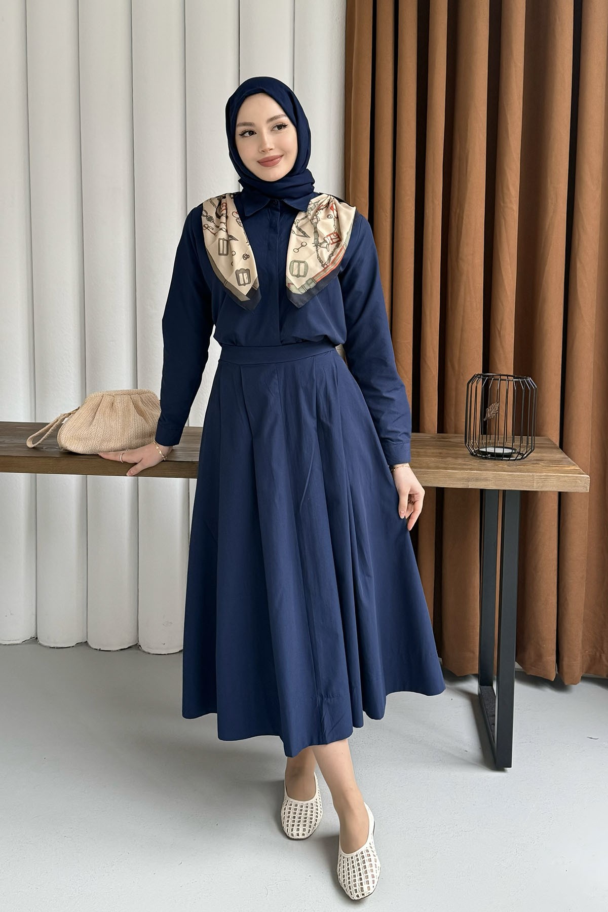 Omuz Şal Detaylı Etekli Tesettür Takım-LACİVERT