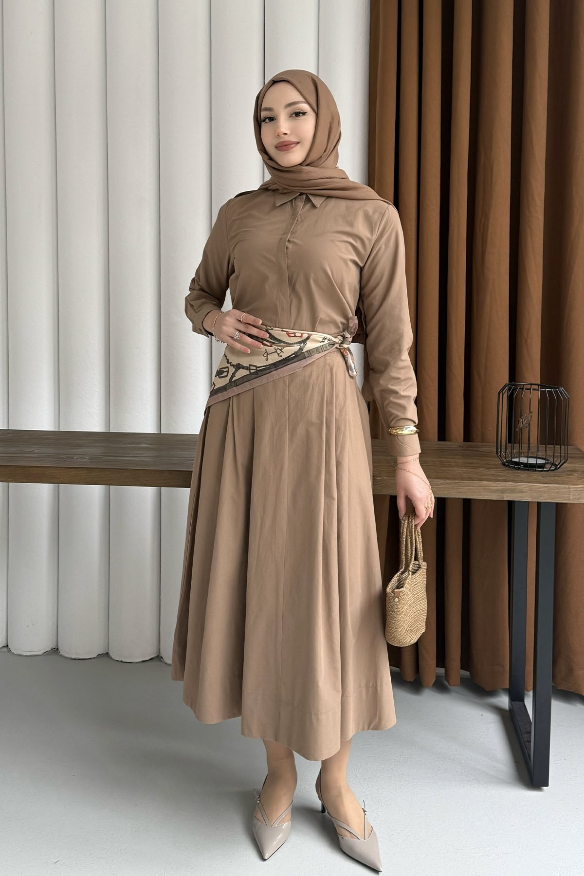 Omuz Şal Detaylı Etekli Tesettür Takım-VİZON