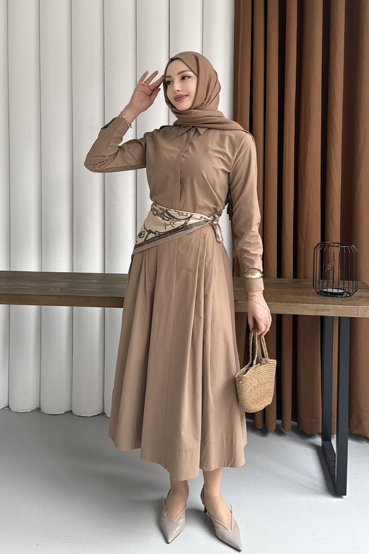 Omuz Şal Detaylı Etekli Tesettür Takım-VİZON