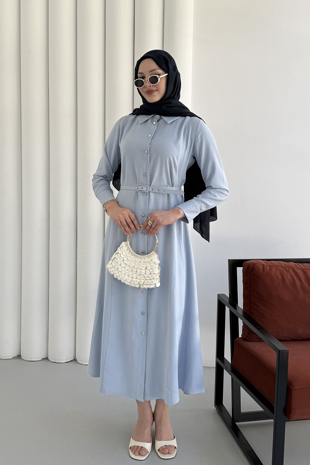 Ön Düğmeli Kemerli Tencel Gömlek Tesettür Elbise-BEBE MAVİ