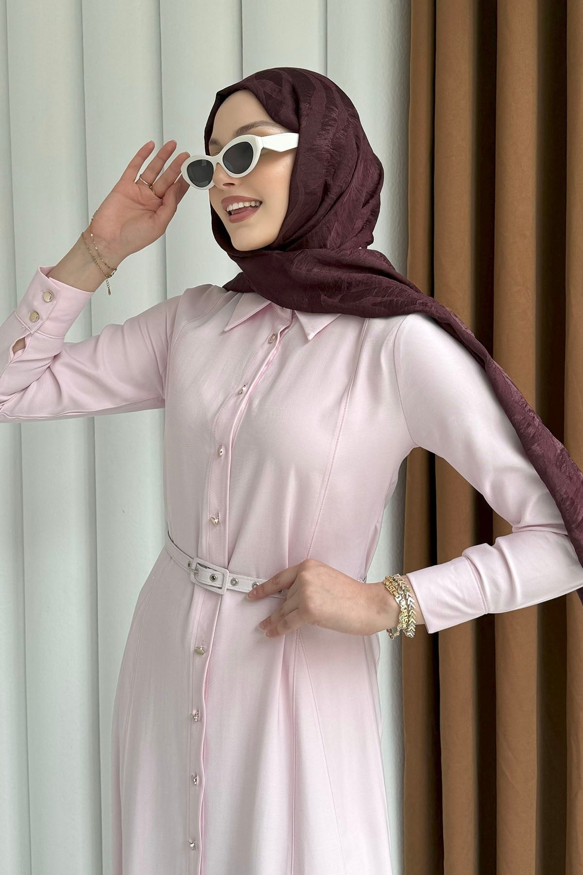 Ön Düğmeli Kemerli Tencel Gömlek Tesettür Elbise-PEMBE