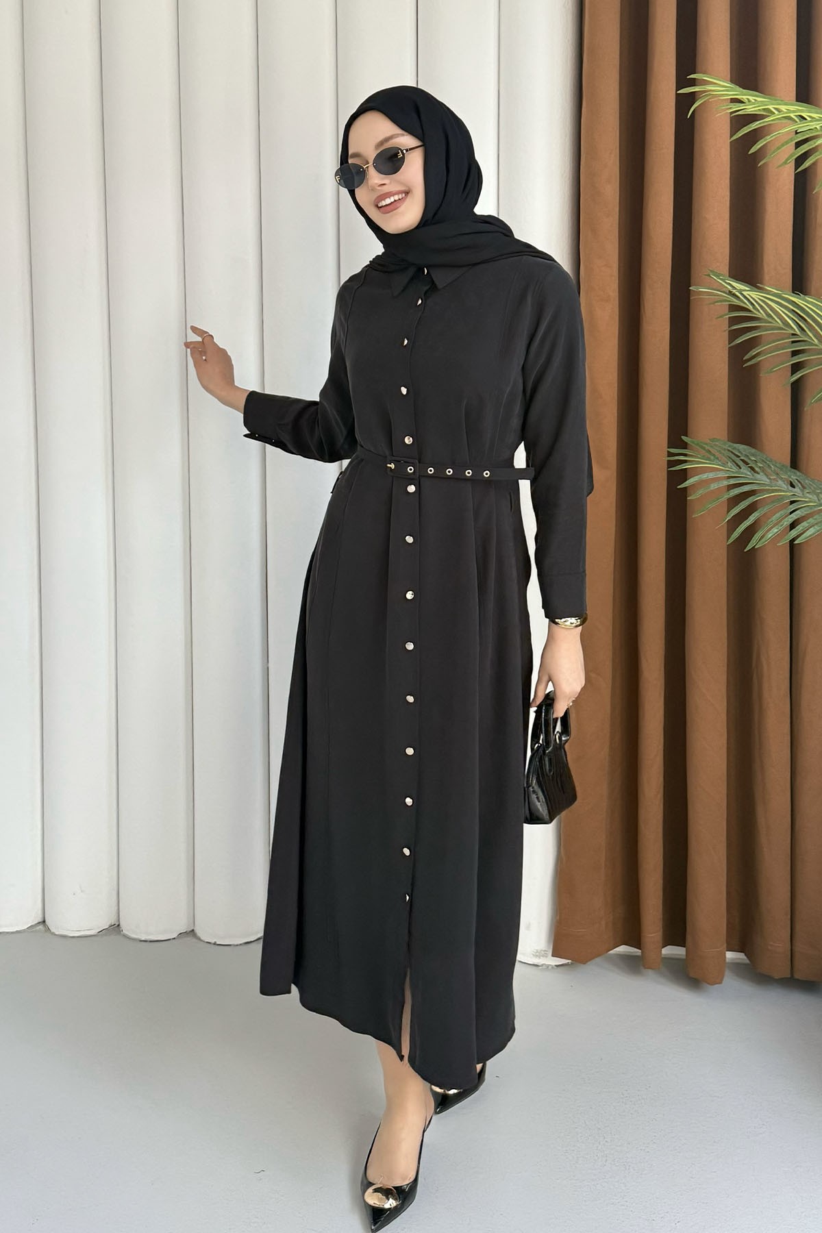 Ön Düğmeli Kemerli Tencel Gömlek Tesettür Elbise-SİYAH