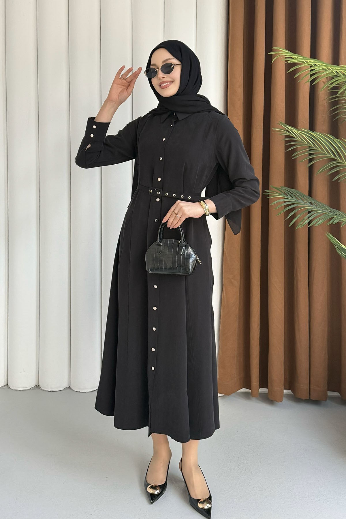 Ön Düğmeli Kemerli Tencel Gömlek Tesettür Elbise-SİYAH