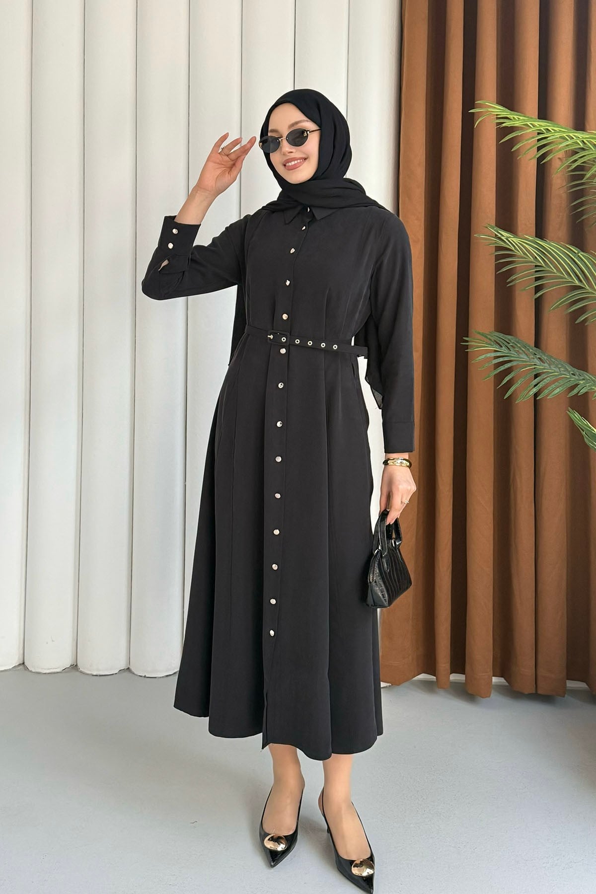 Ön Düğmeli Kemerli Tencel Gömlek Tesettür Elbise-SİYAH