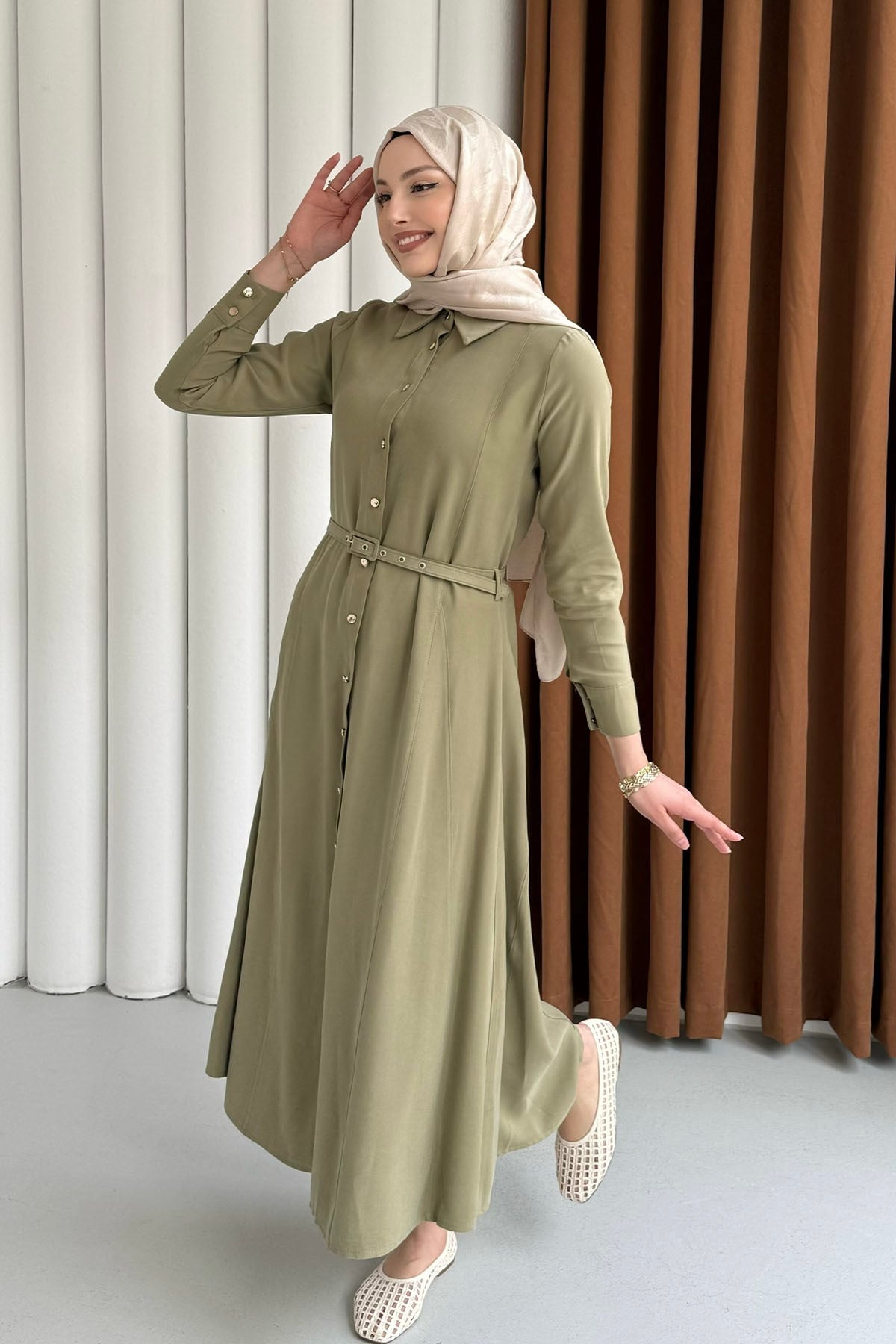Ön Düğmeli Kemerli Tencel Gömlek Tesettür Elbise-MİNT YEŞİLİ