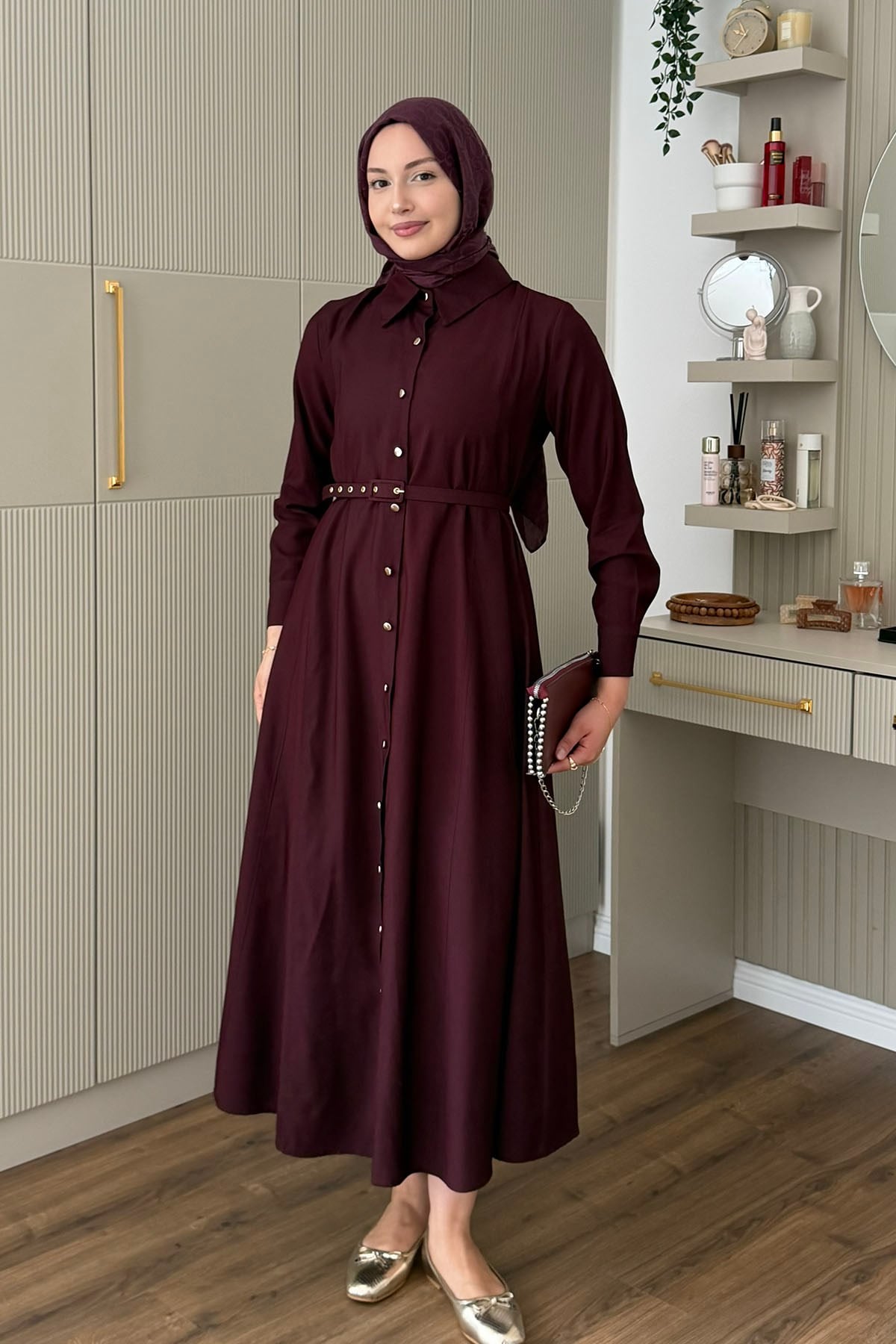 Ön Düğmeli Kemerli Tencel Gömlek Tesettür Elbise-BORDO
