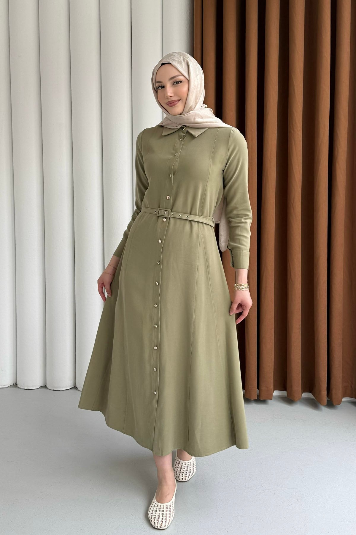Ön Düğmeli Kemerli Tencel Gömlek Tesettür Elbise-MİNT YEŞİLİ